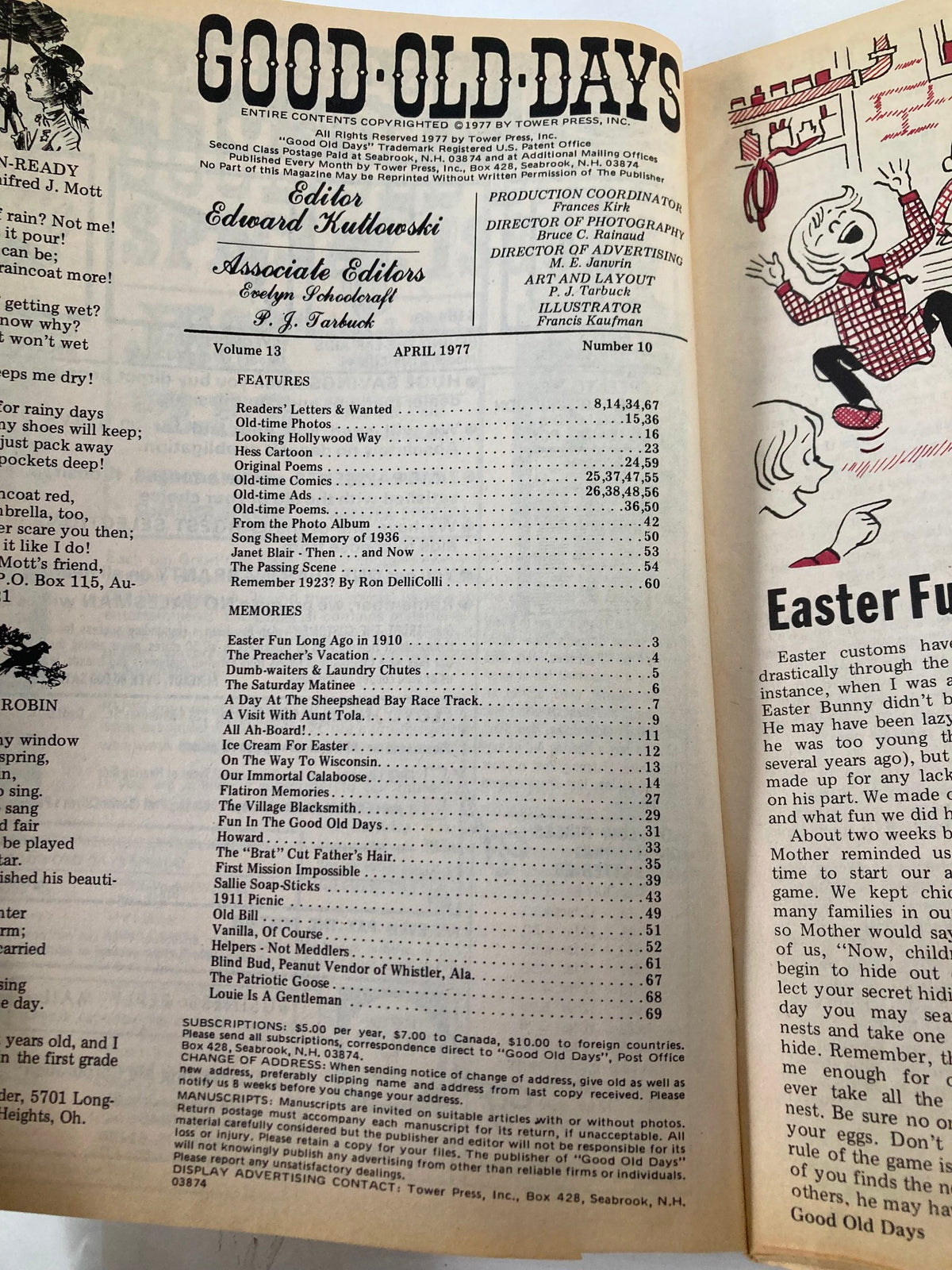 Image of the interior pages of the VTG Good Old Days Magazine April 1977, Volume 13, Issue 10, showcasing the table of contents including features like 'A Visit with Aunt Tola' and nostalgic articles reflecting the late 70s culture.
