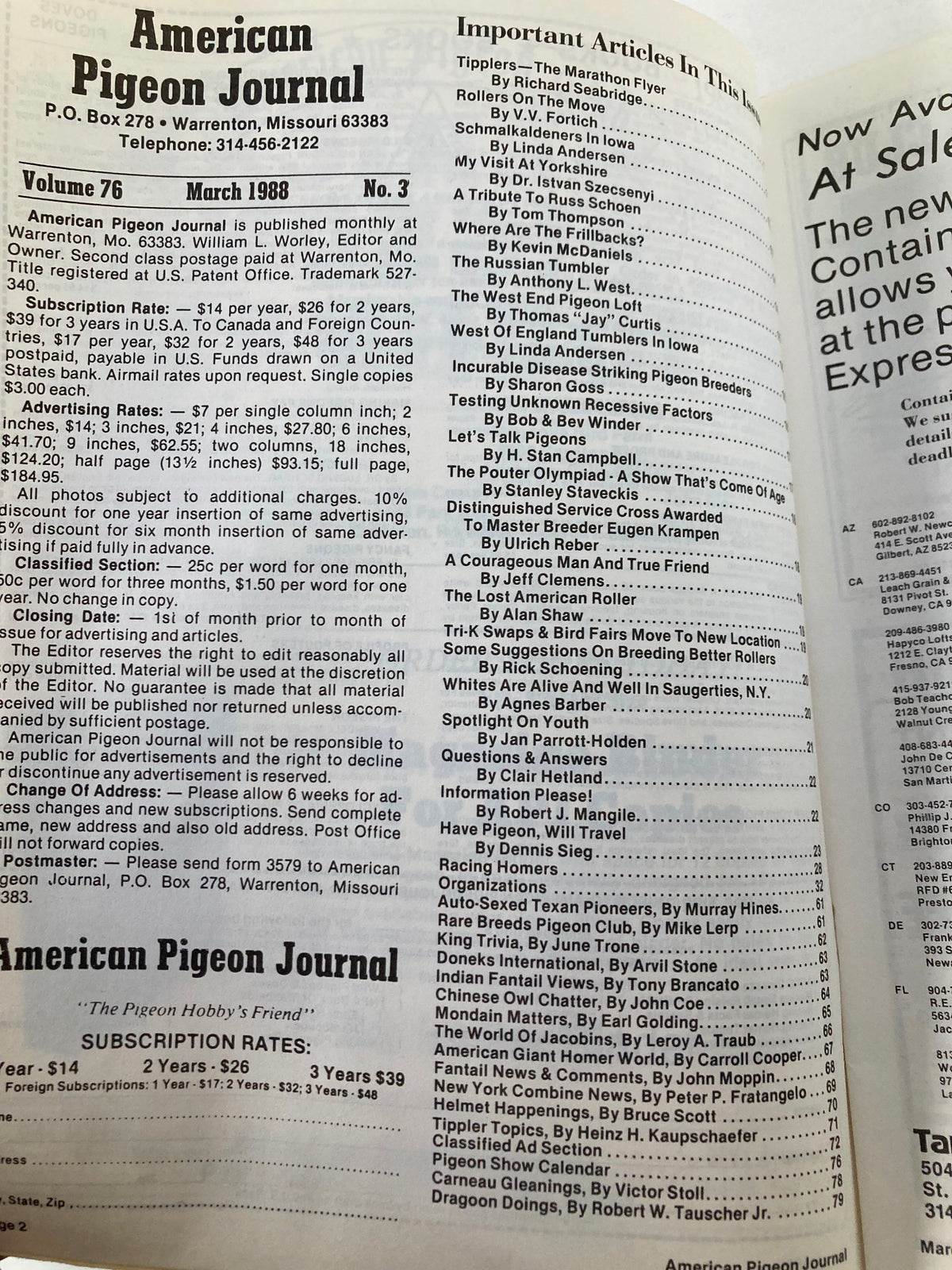 Interior page of VTG American Pigeon Journal March 1988, Vol 76 #3, listing important articles and subscription rates, highlighting content for pigeon enthusiasts.