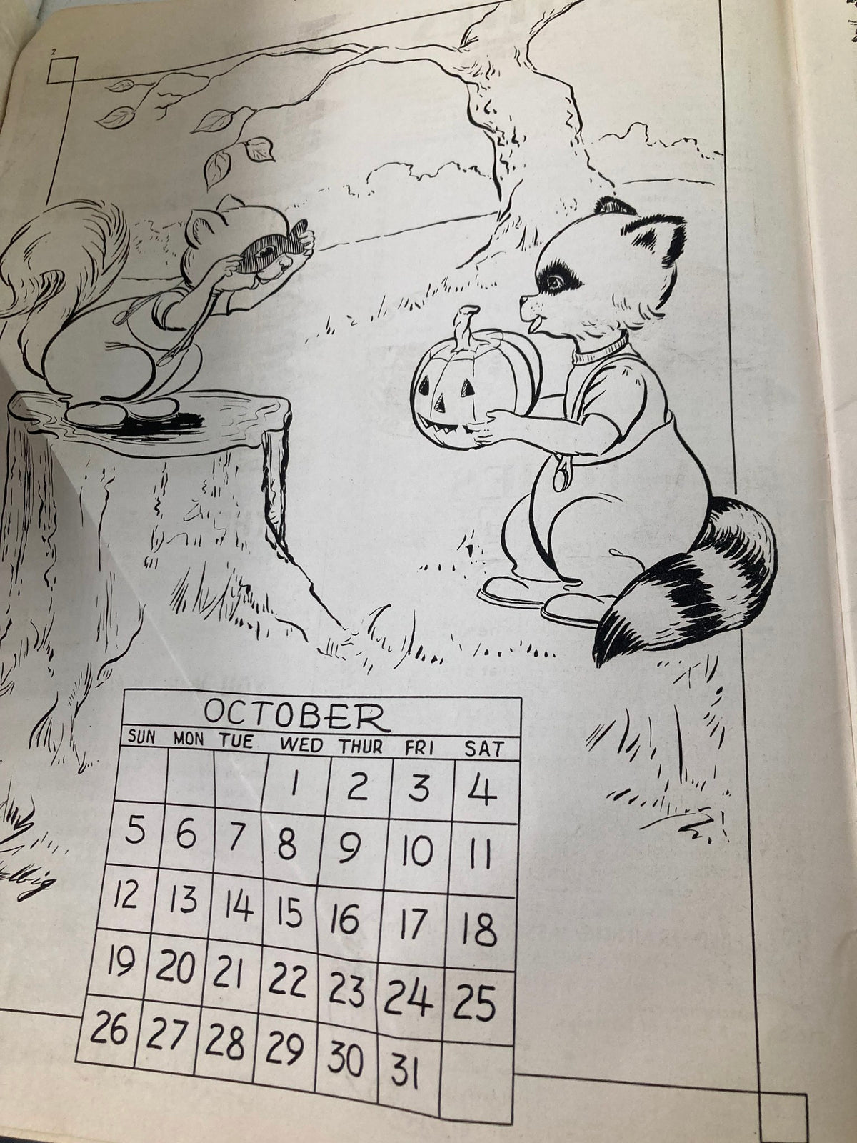 Illustration from VTG Children's Activities Magazine October 1952 Vol 18 #8 showing a playful raccoon and squirrel, complementing the children's activities theme.