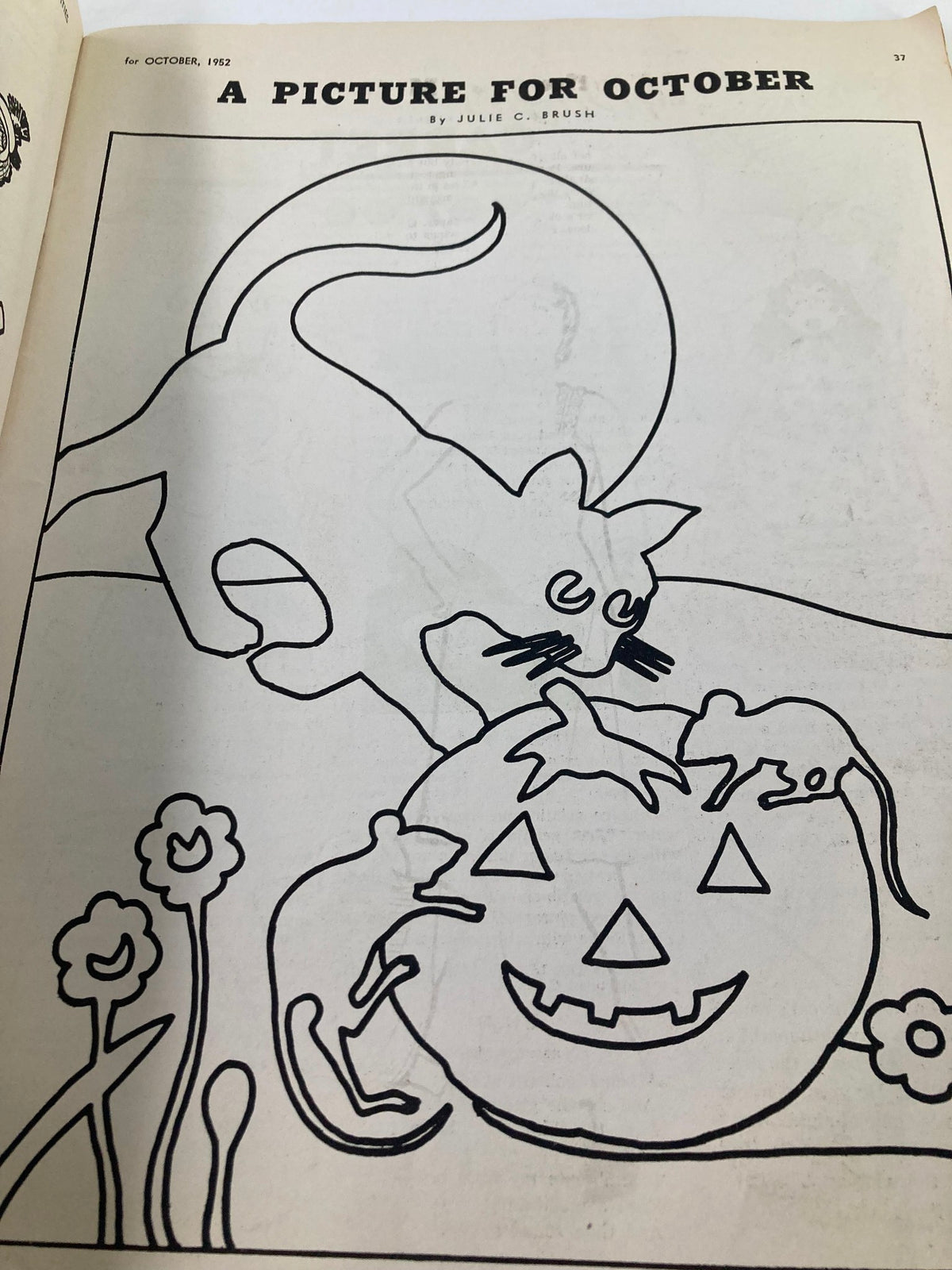 A coloring page titled 'A Picture for October' from the VTG Children's Activities Magazine October 1952 Vol 18 #8, featuring a cat playing near a Halloween pumpkin.