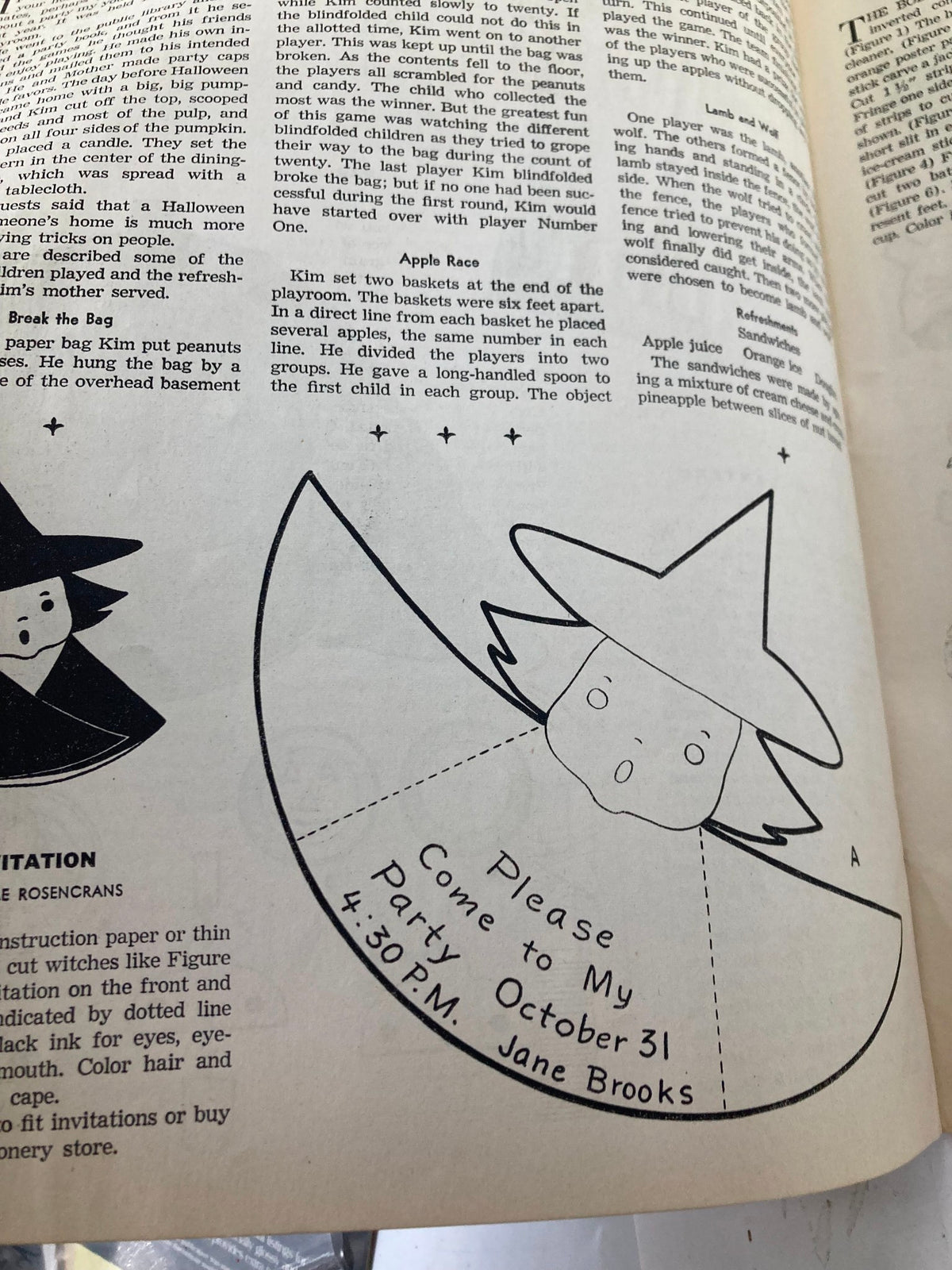 An invitation design page from the VTG Children's Activities Magazine October 1952 Vol 18 #8, featuring a witch and instructions for creating a Halloween party invitation.