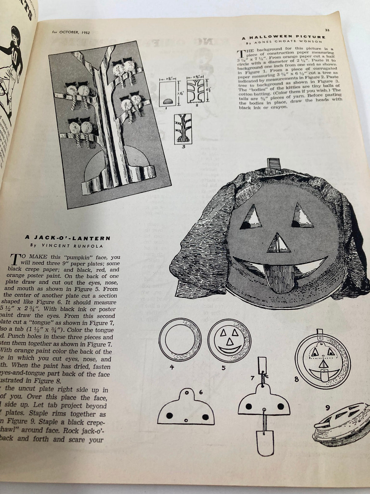 A DIY project page titled 'A Jack-O-Lantern' from the VTG Children's Activities Magazine October 1952 Vol 18 #8, providing step-by-step instructions for creating a pumpkin decoration.