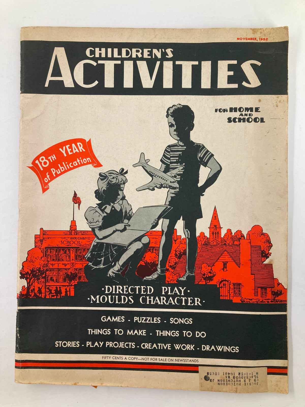 Cover of the VTG Children's Activities Magazine from November 1952, featuring illustrations of a boy holding an airplane and a girl engaged in activities, highlighting 'Directed Play Moulds Character'.
