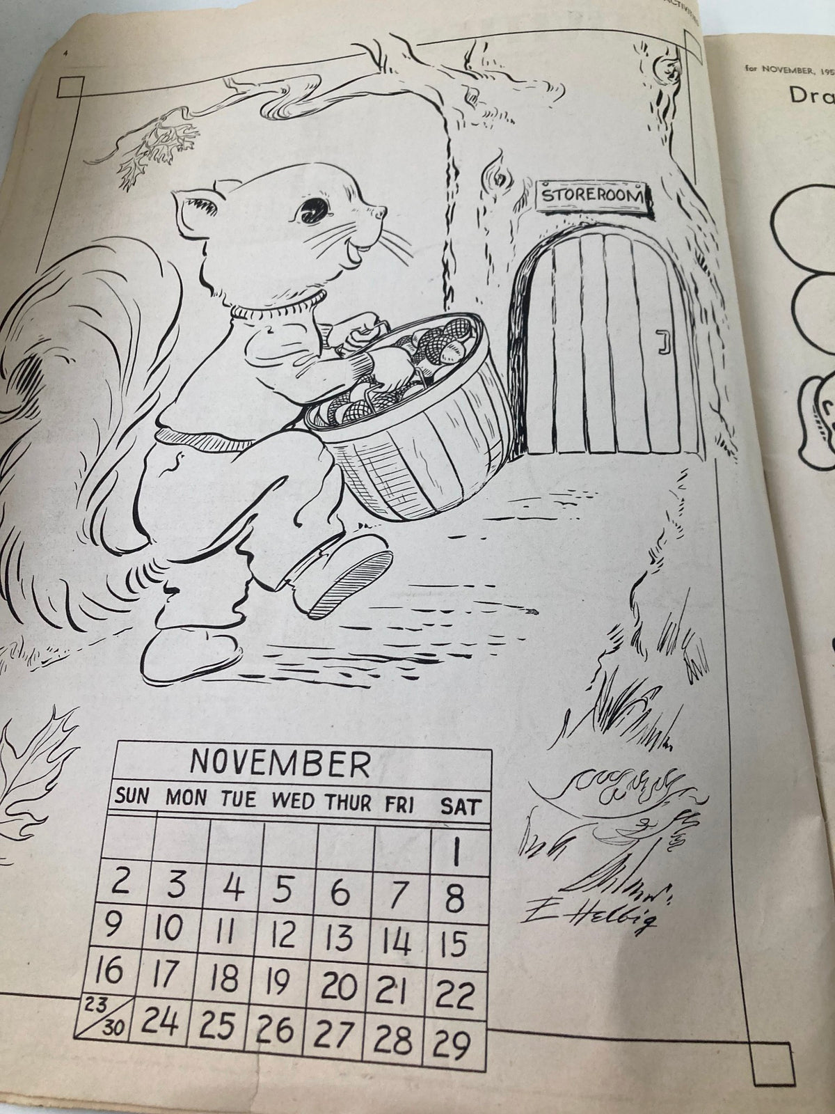 Vintage illustration from the VTG Children's Activities Magazine November 1952, featuring a playful squirrel carrying a basket, depicting child-friendly activities and nostalgia.