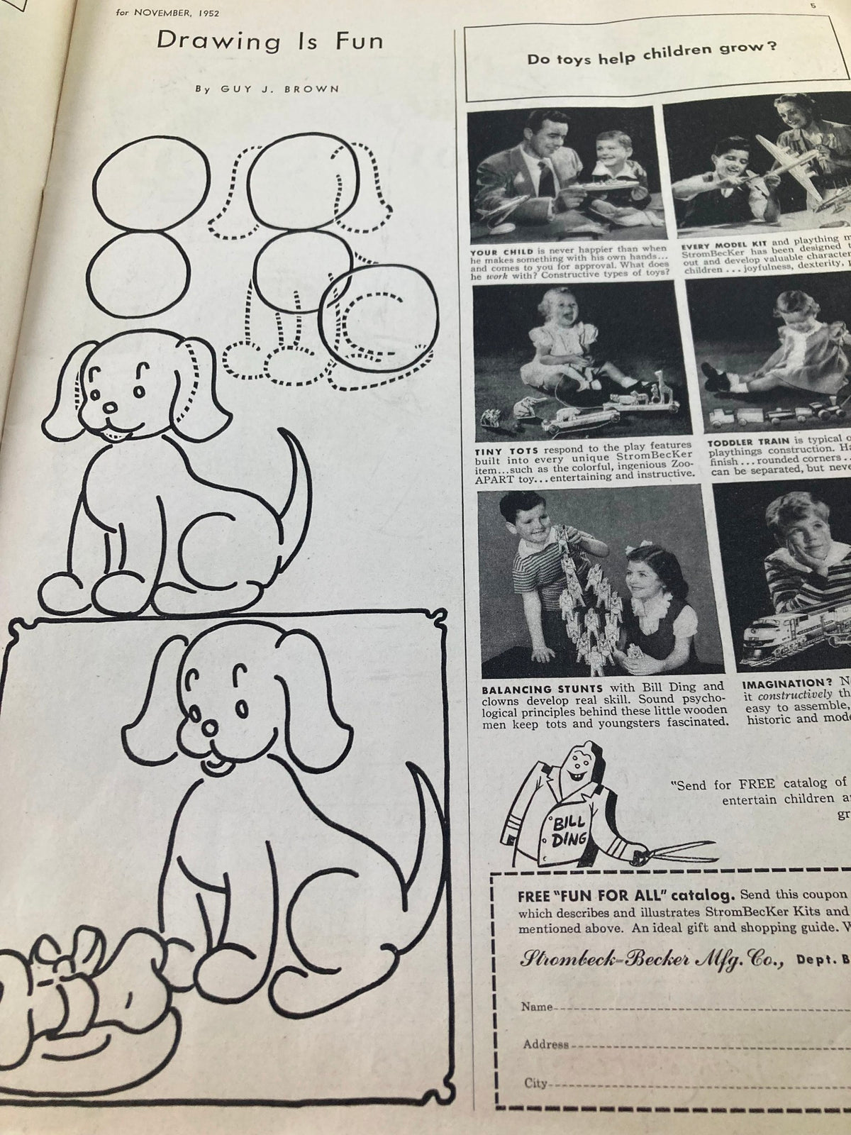 Drawing tutorial page from the VTG Children's Activities Magazine November 1952, guiding children in how to draw a playful dog, promoting creativity in young readers.