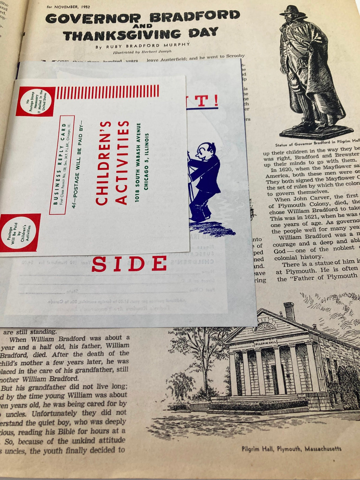 Content page from the VTG Children's Activities Magazine November 1952, featuring an article about Governor Bradford and Thanksgiving Day, along with illustrations highlighting historical themes.