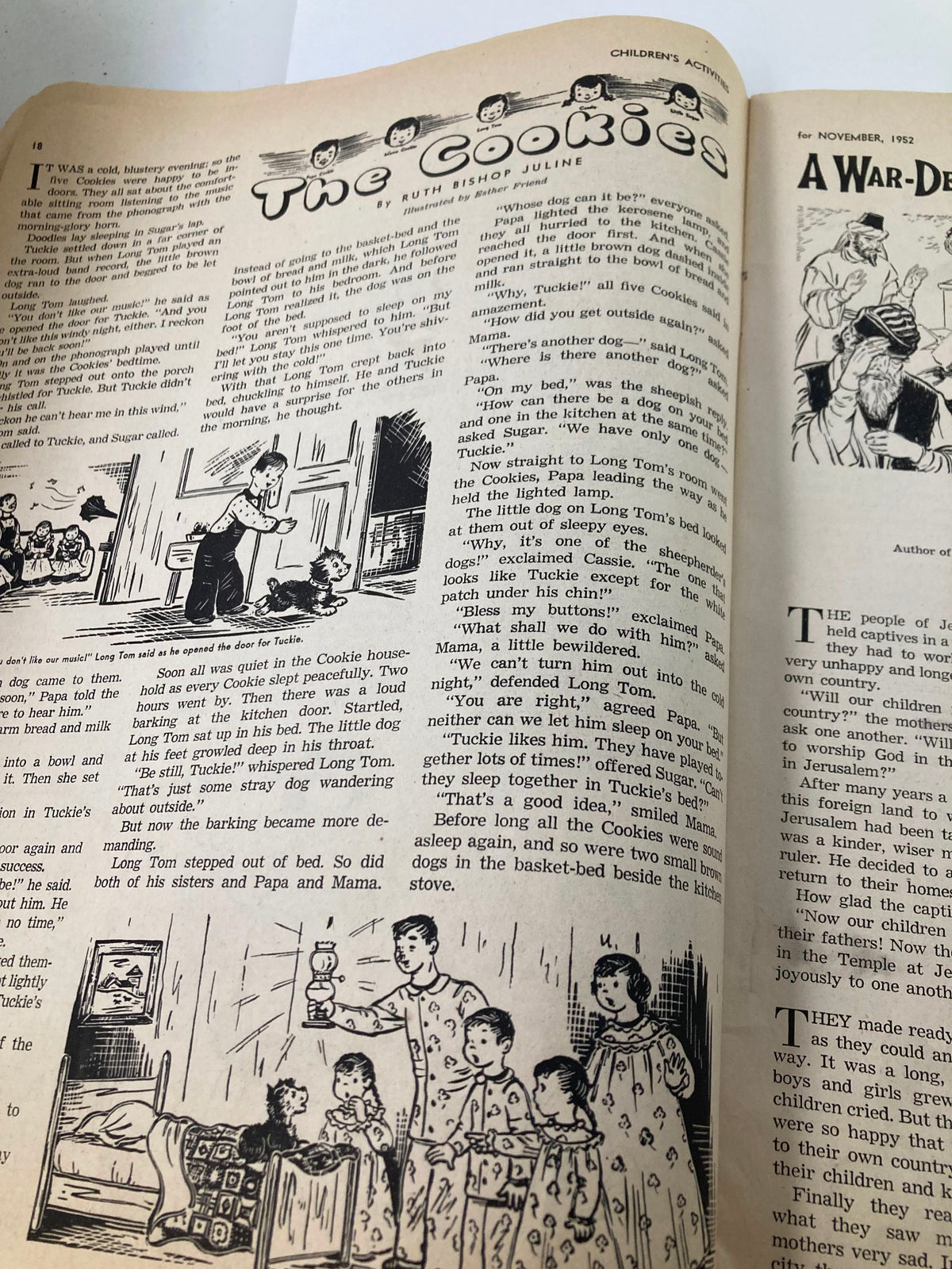 Story page from the VTG Children's Activities Magazine November 1952, titled 'The Cookies,' showcasing engaging narratives for children along with charming illustrations.