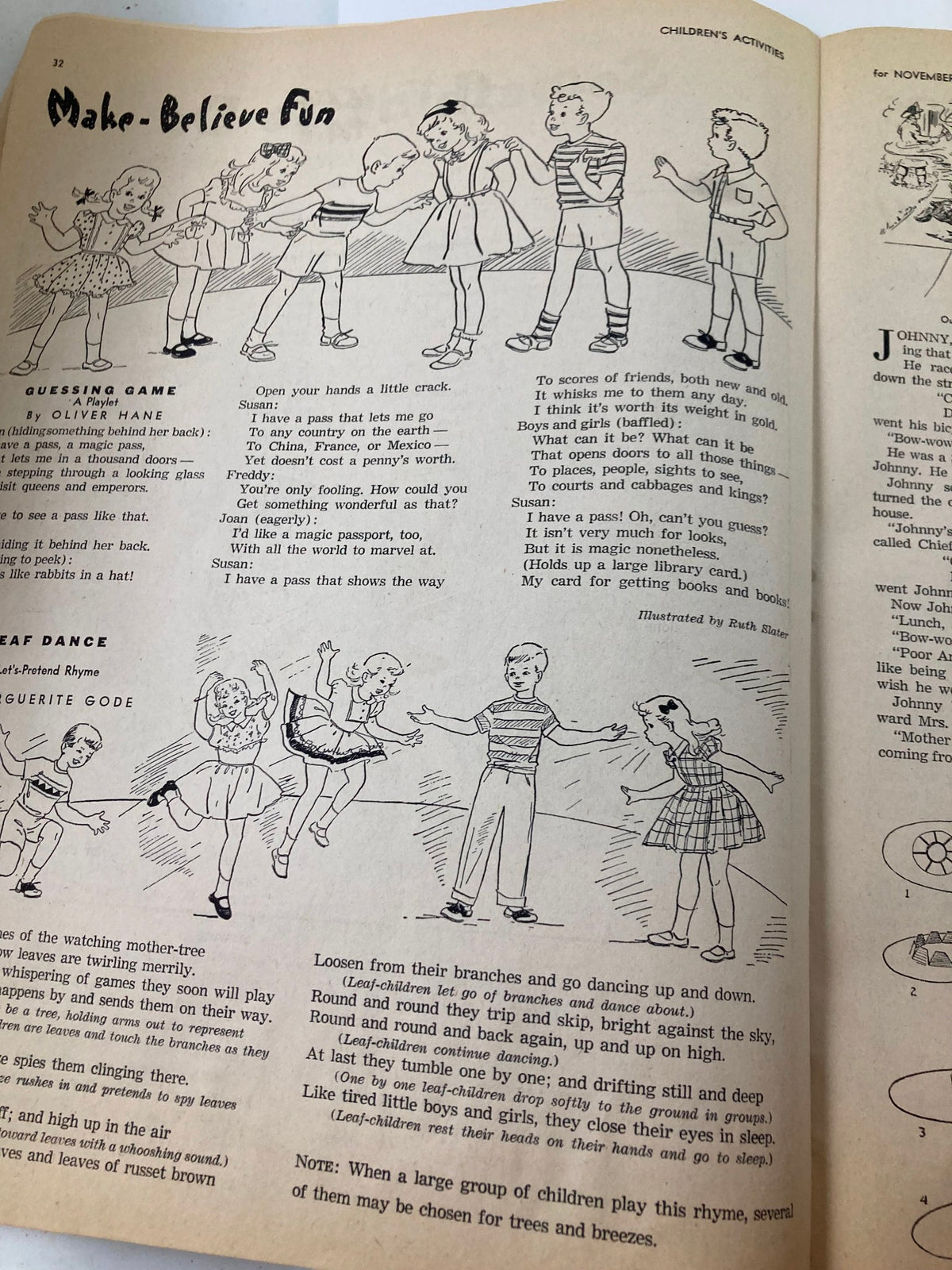 Illustration from 'Children's Activities Magazine' November 1952 showing children engaged in a guessing game and a leaf dance, highlighting playful activities for kids.
