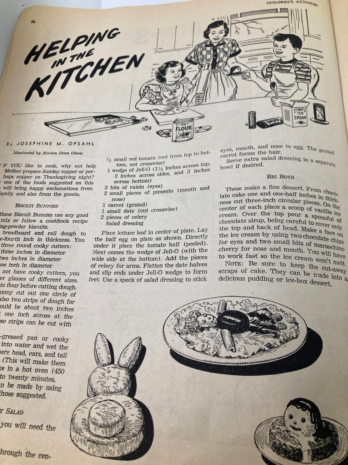 Page from 'Children's Activities Magazine' November 1952 depicting children helping in the kitchen, showcasing fun food activities and cooking ideas for kids.