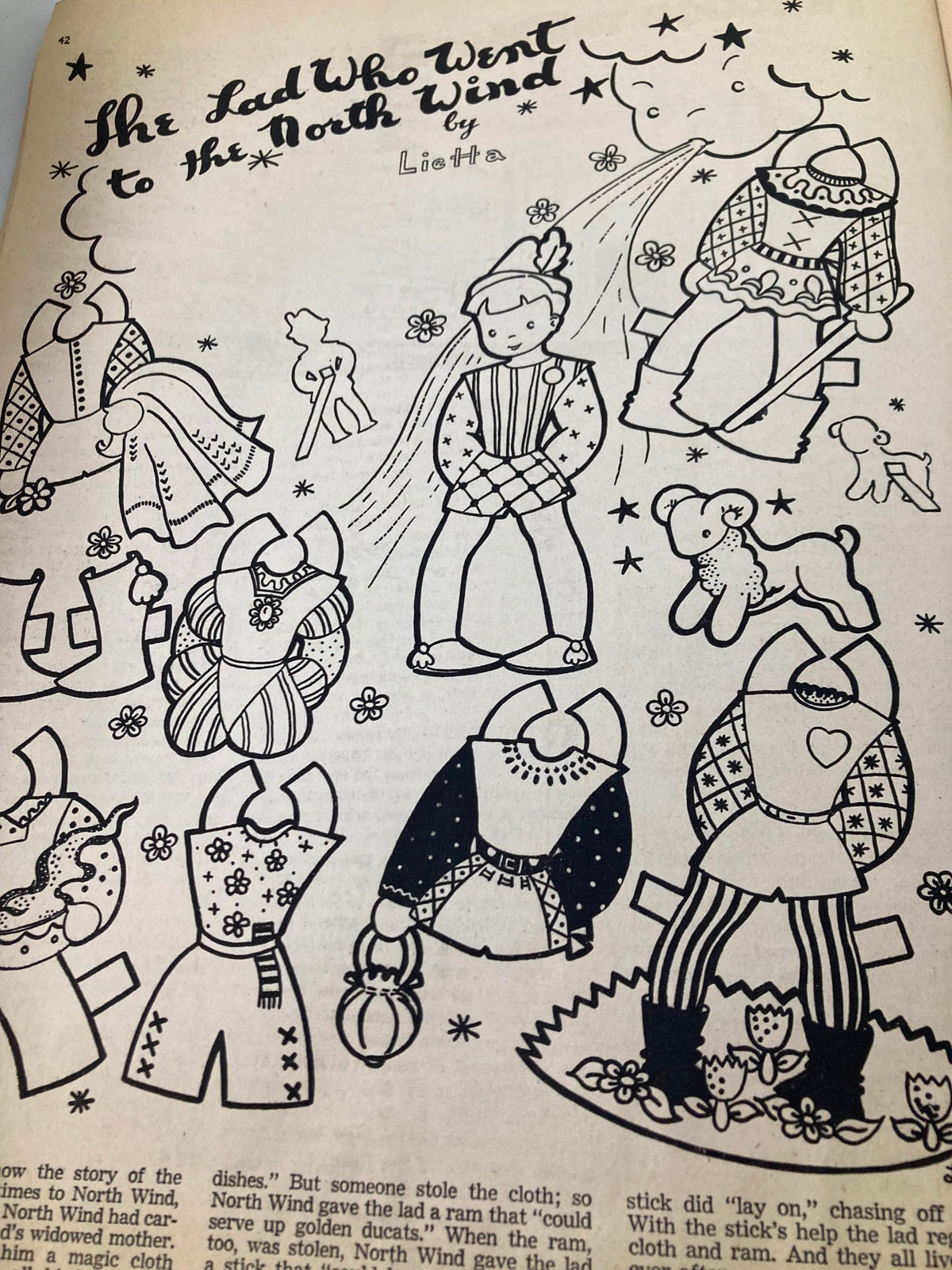 Illustration from 'Children's Activities Magazine' November 1952 titled 'The Lad Who Went to the North Wind', featuring whimsical characters and storytelling elements appealing to children.