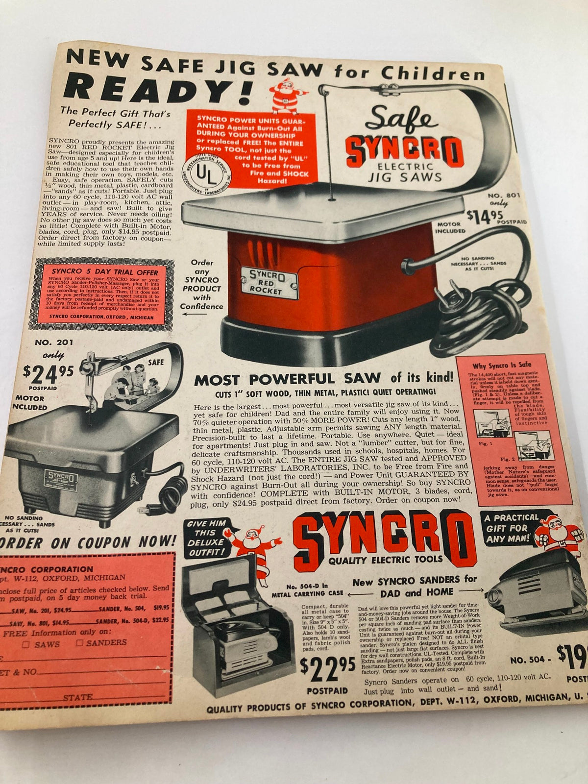 Vintage advertisement for SYNCRO electric jig saws for children from the VTG Children's Activities Magazine November 1952. Features the 'Safe SYNCRO RED ROCKET' with promotional details and prices highlighted, emphasizing its safety and suitability for kids. Perfect for collectors of nostalgic children's activities and vintage tools.