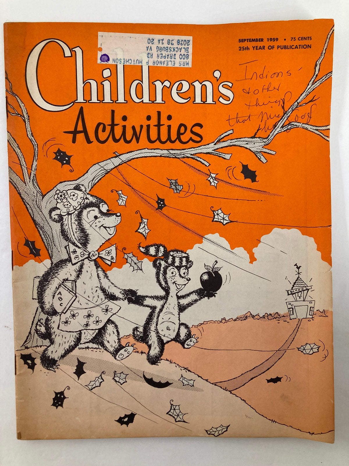 Cover of VTG Children's Activities Magazine from September 1959, featuring charming illustrations of animals in a whimsical autumn setting.