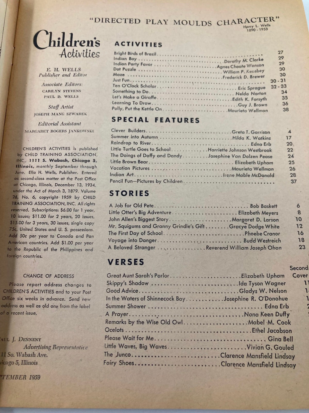 Table of contents from VTG Children's Activities Magazine September 1959, listing activities, stories, and special features for children.