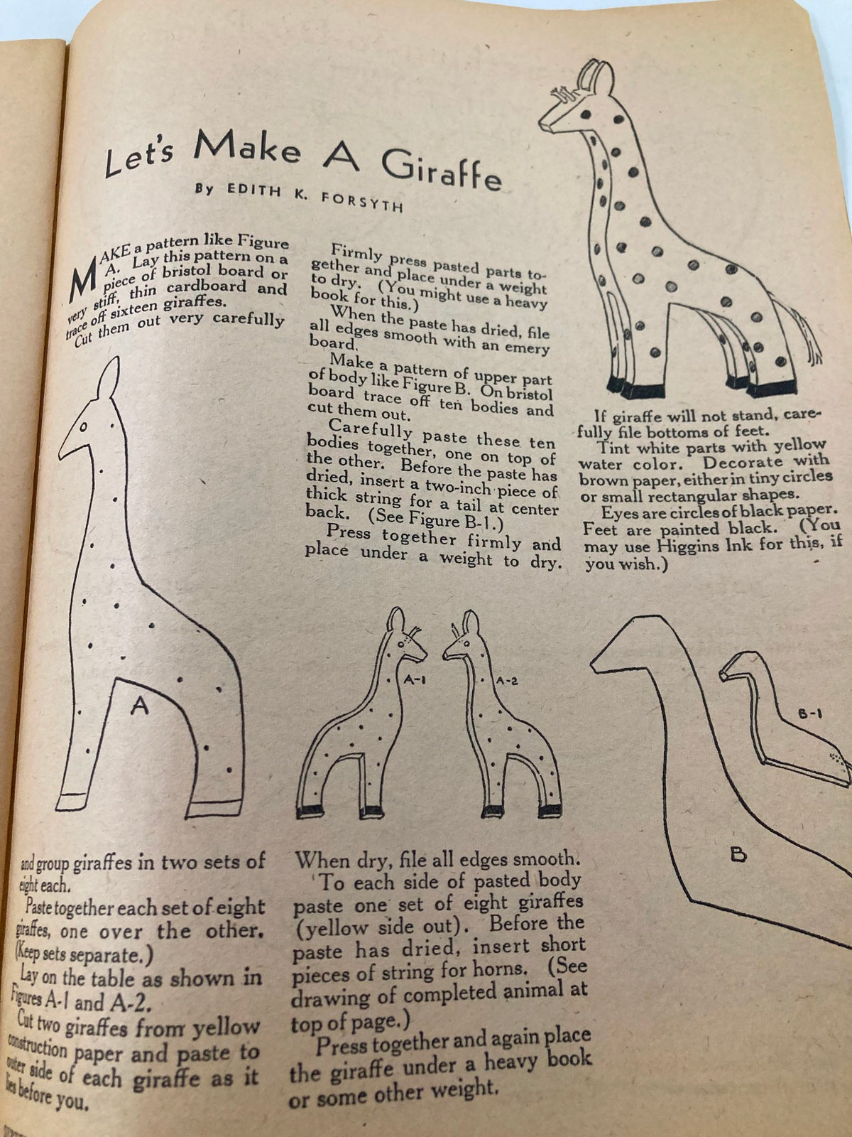 Craft activity guide titled 'Let's Make A Giraffe' by Edith K. Forsyth from the VTG Children's Activities Magazine September 1959, showcasing detailed instructions and illustrations for creating a paper giraffe.