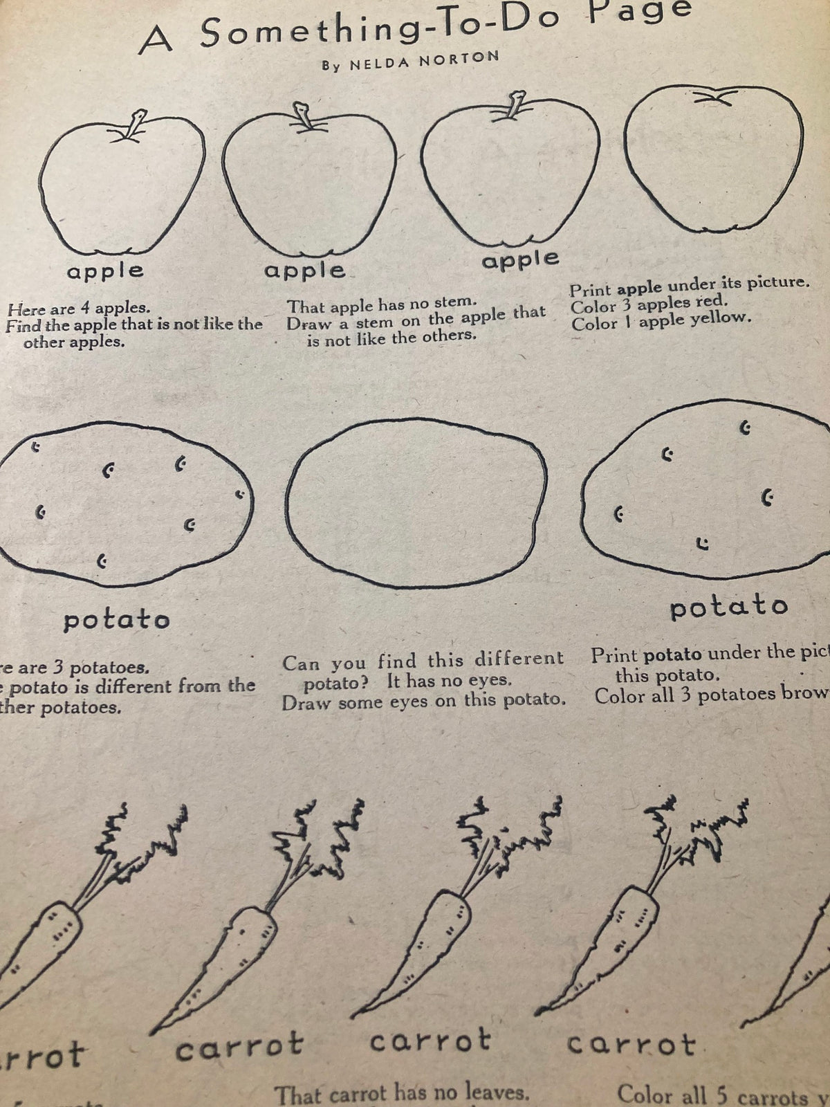 Interactive activity page titled 'A Something-To-Do Page' by Nelda Norton from the VTG Children's Activities Magazine September 1959, featuring drawing and coloring tasks for children with apples, potatoes, and carrots.