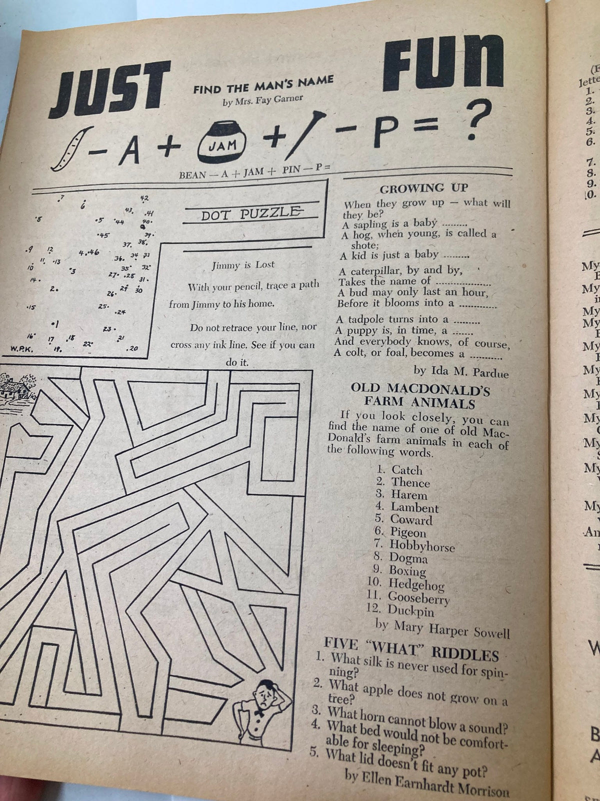 Fun activity page titled 'Just Fun' from the VTG Children's Activities Magazine September 1959, including puzzles, riddles, and interactive tasks for children.