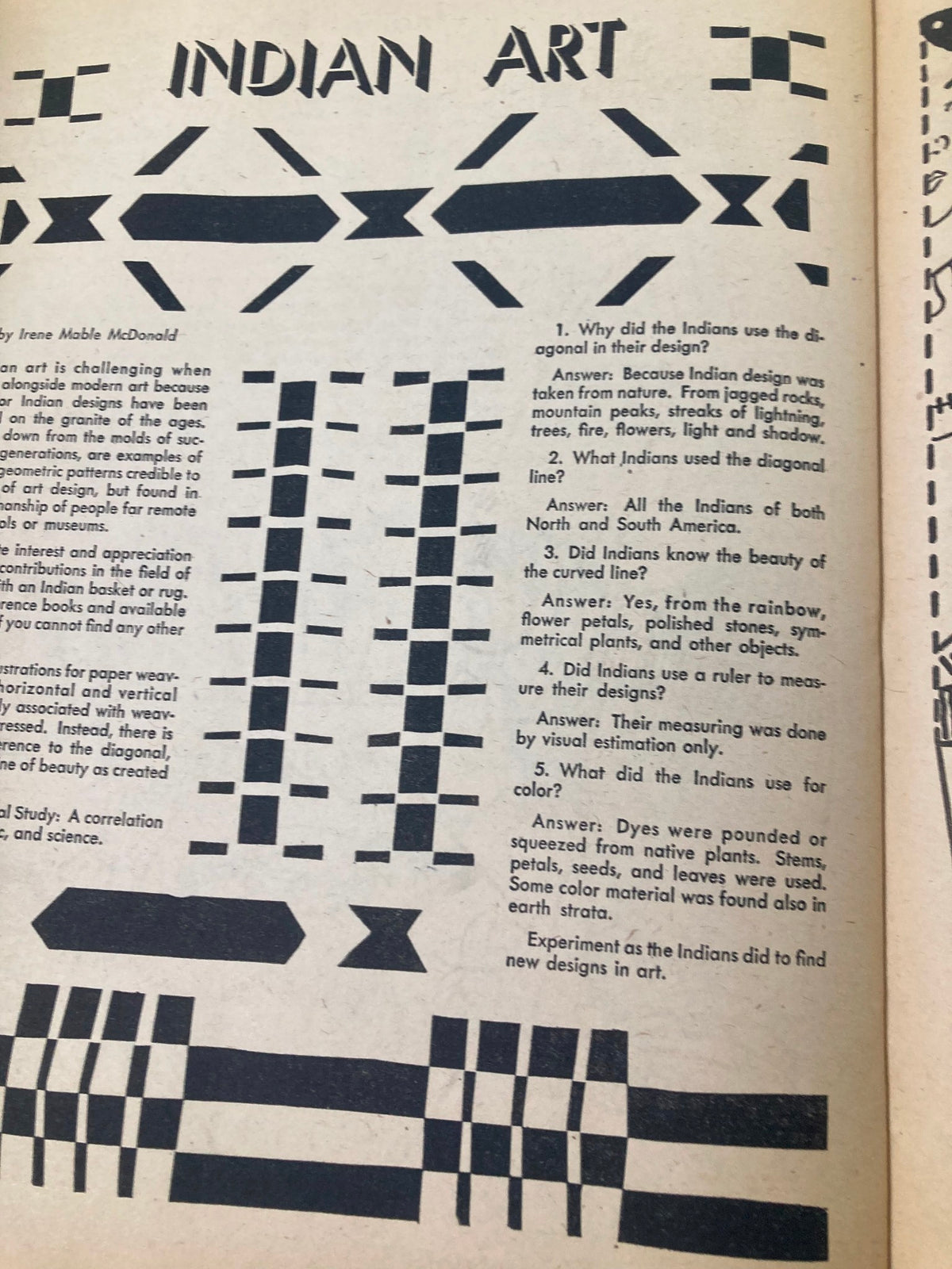 Page from VTG Children's Activities Magazine September 1959 showcasing a discussion on Indian art, including patterns and questions regarding traditional designs used by Native Americans.