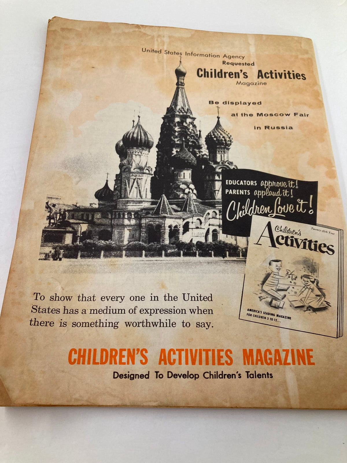 Cover page of VTG Children's Activities Magazine September 1959 featuring a historical photograph and text emphasizing the magazine's role in developing children's talents and its display at the Moscow Fair.