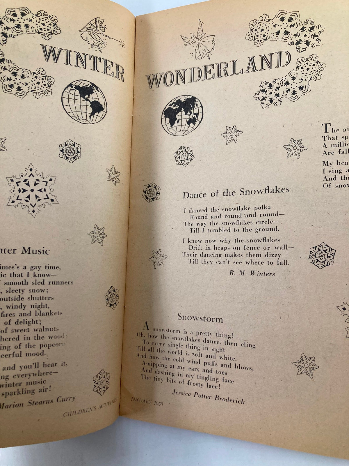 Page from the VTG Children's Activities Magazine January 1960 titled 'Winter Wonderland', showcasing a poem 'Dance of the Snowflakes' along with decorative illustrations of snowflakes and winter-themed graphics.