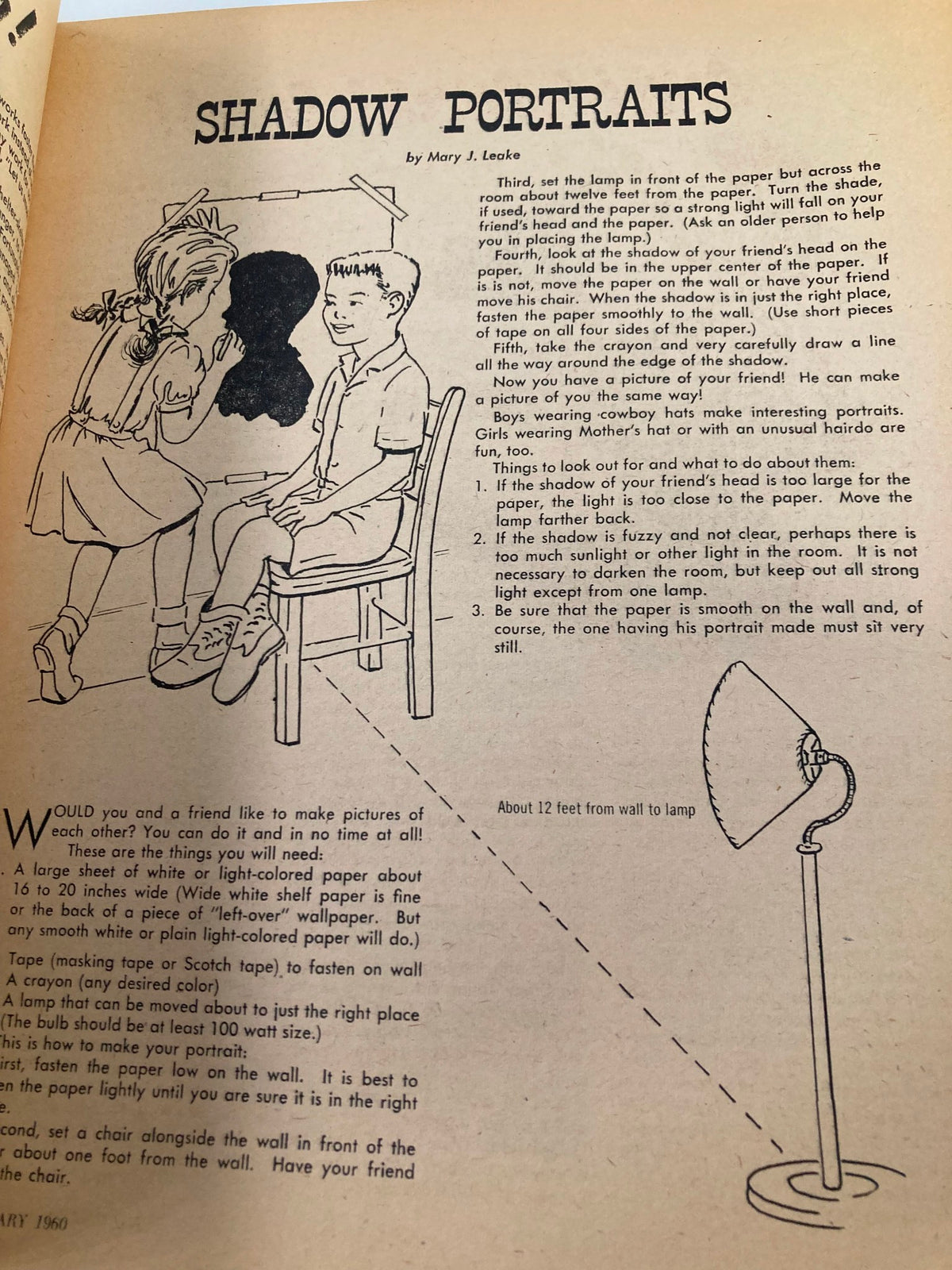 Illustration from 'VTG Children's Activities Magazine January 1960' titled 'Shadow Portraits,' showing children creating silhouettes, demonstrating an engaging art project.