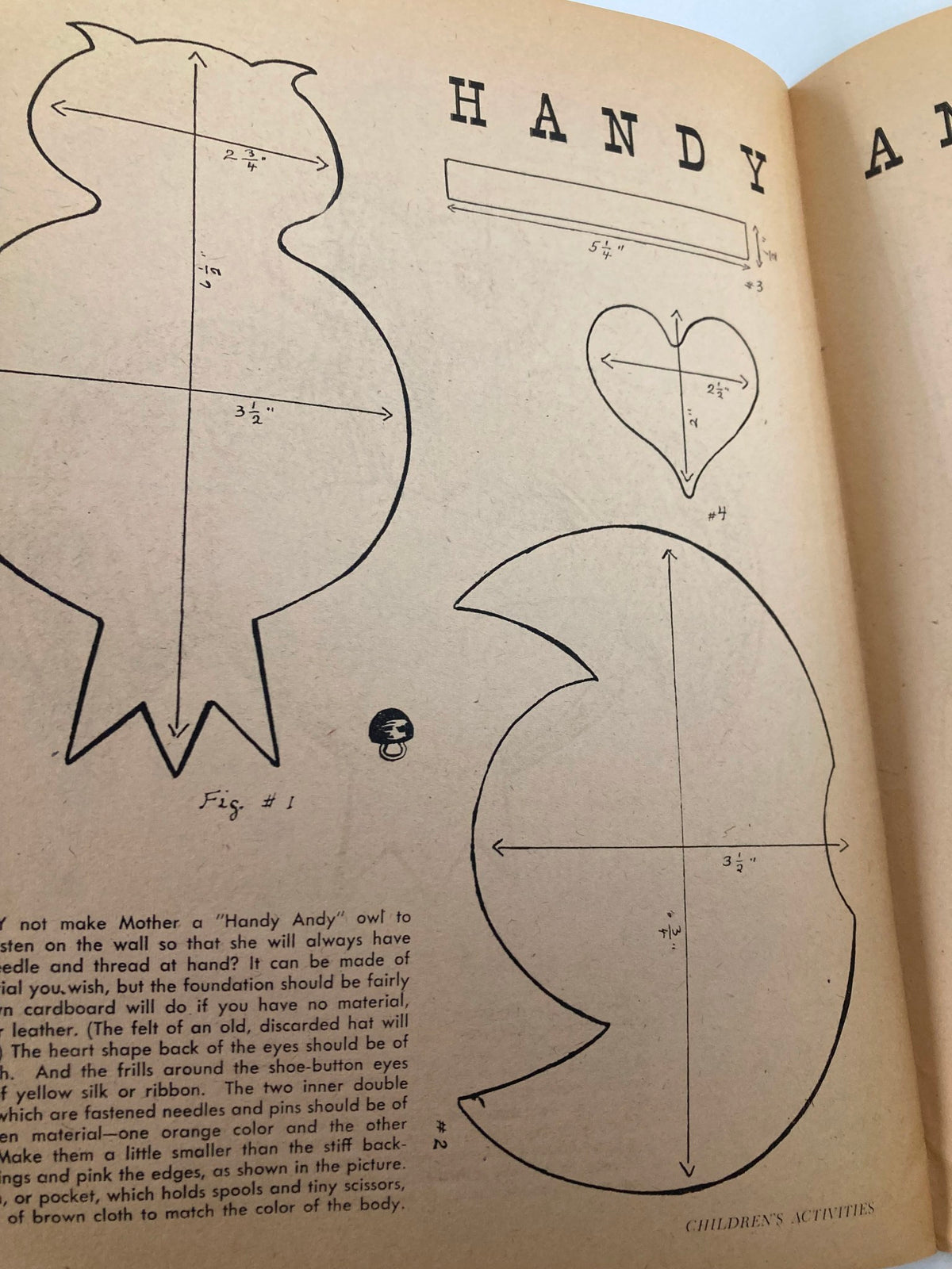 Diagram from 'VTG Children's Activities Magazine January 1960' for making a 'Handy Andy' owl, showcasing crafting instructions for children.