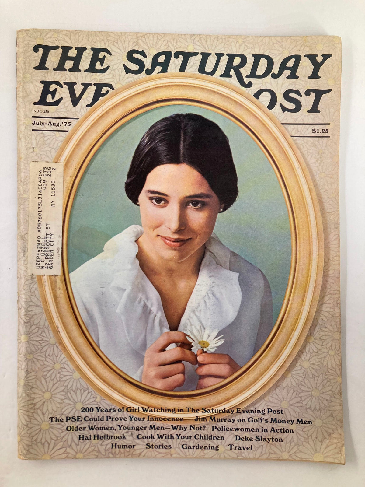 The Saturday Evening Post July 1975 Vol 247 #5 cover featuring a woman with a daisy, celebrating 200 Years of Girl Watching, showcasing the style and cultural commentary of the 1970s.
