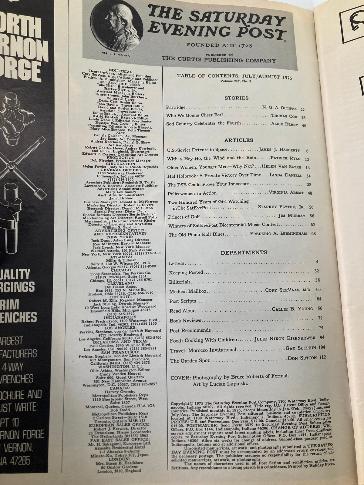 Interior page of The Saturday Evening Post July 1975 Vol 247 #5 displaying the table of contents, highlighting various articles, stories, and features presented in this vintage magazine.