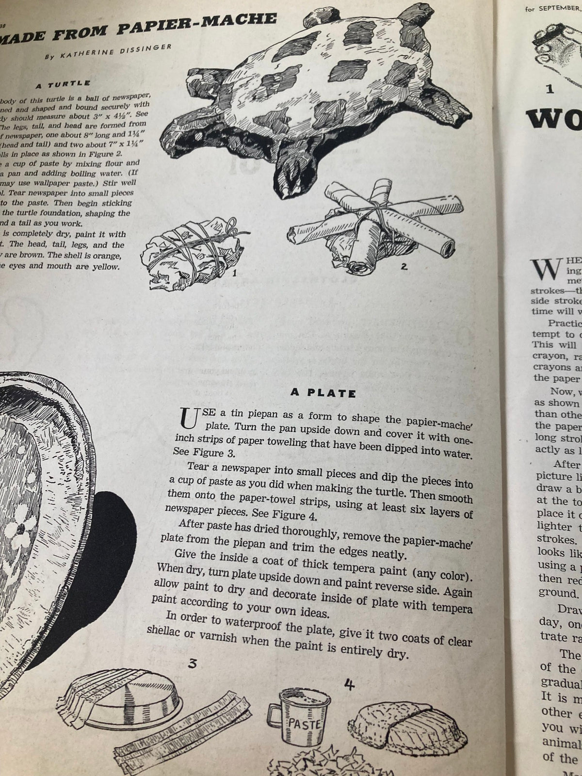 Image from VTG Children's Activities Magazine September 1952 illustrating a papier-mâché turtle and instructions for creating a plate, showcasing classic children's crafts.