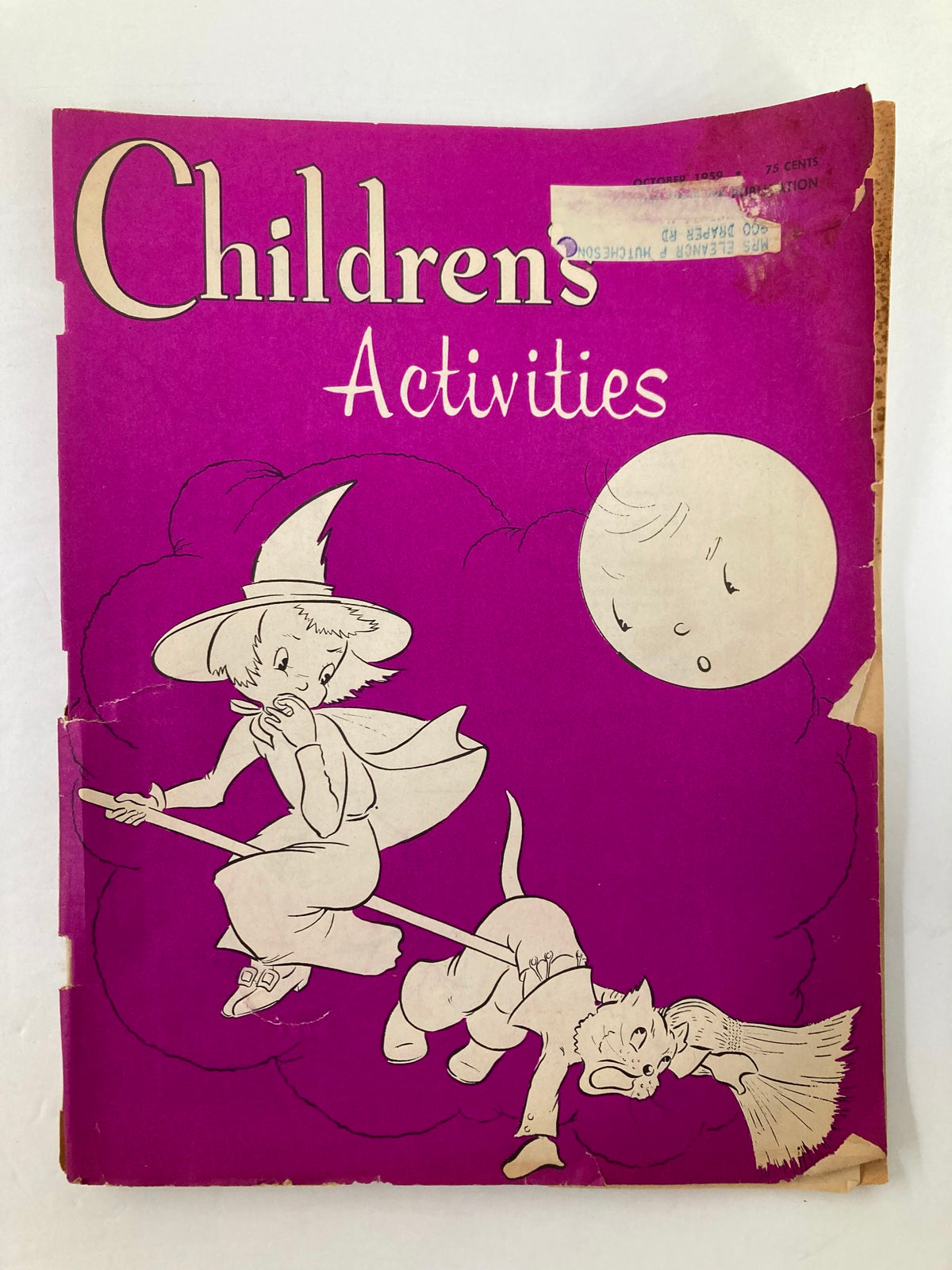 Cover of the VTG Children's Activities Magazine October 1959 featuring a whimsical illustration of a girl in a witch costume riding a broomstick with a cat, capturing the nostalgic essence of childhood creativity.