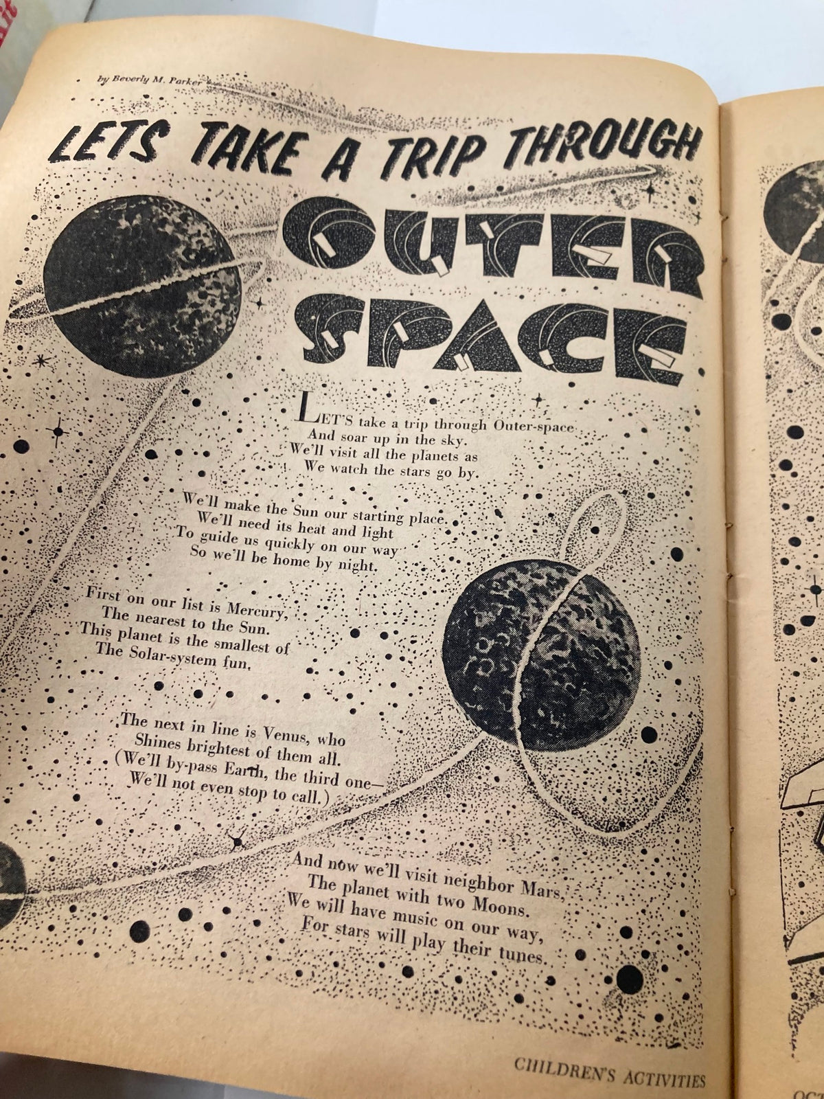Page in VTG Children's Activities Magazine October 1959 depicting the poem 'Let's Take A Trip Through Outer Space' featuring imaginative illustrations and text about the solar system.
