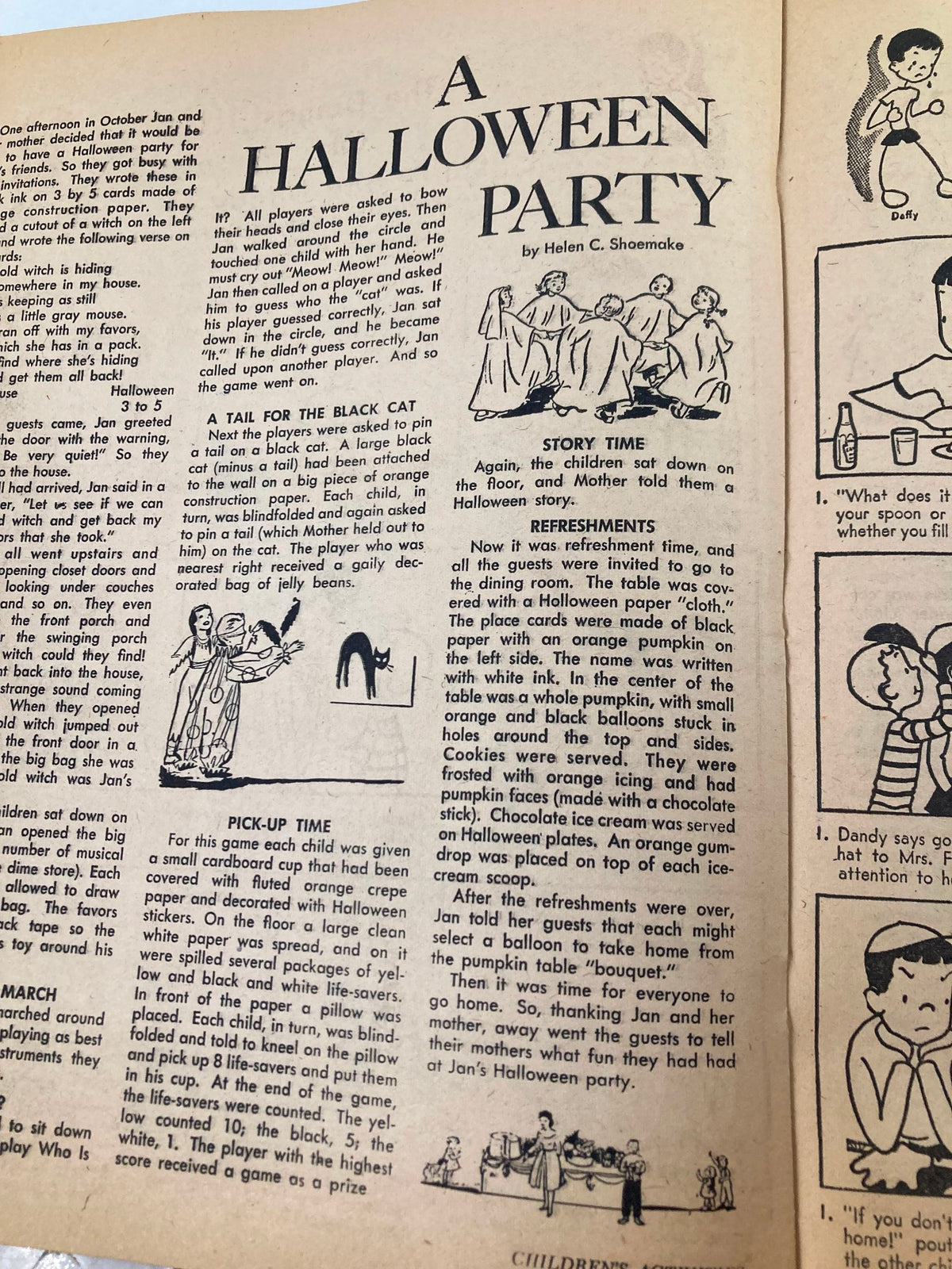 Page from VTG Children's Activities Magazine October 1959 outlining ideas for 'A Halloween Party' with instructions and creative activities for children's celebrations.
