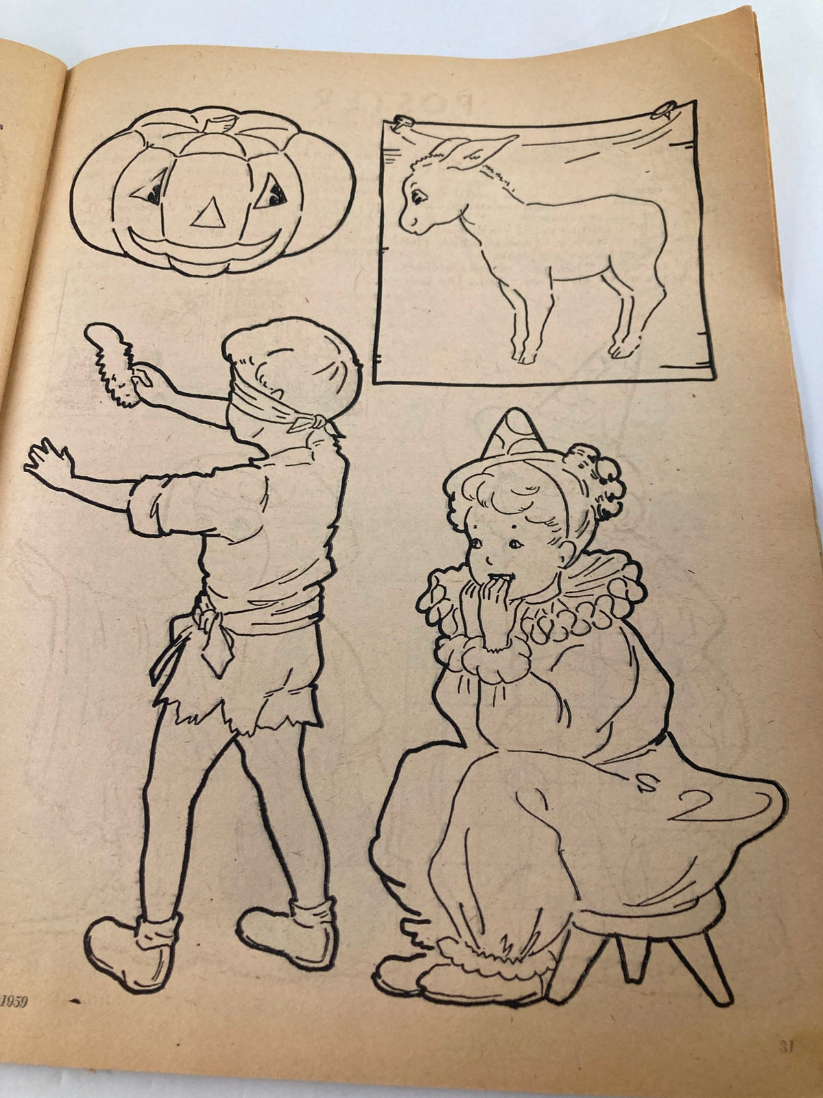 Illustration from VTG Children's Activities Magazine October 1959 featuring creative activities including a smiling pumpkin, a child painting, and whimsical characters.