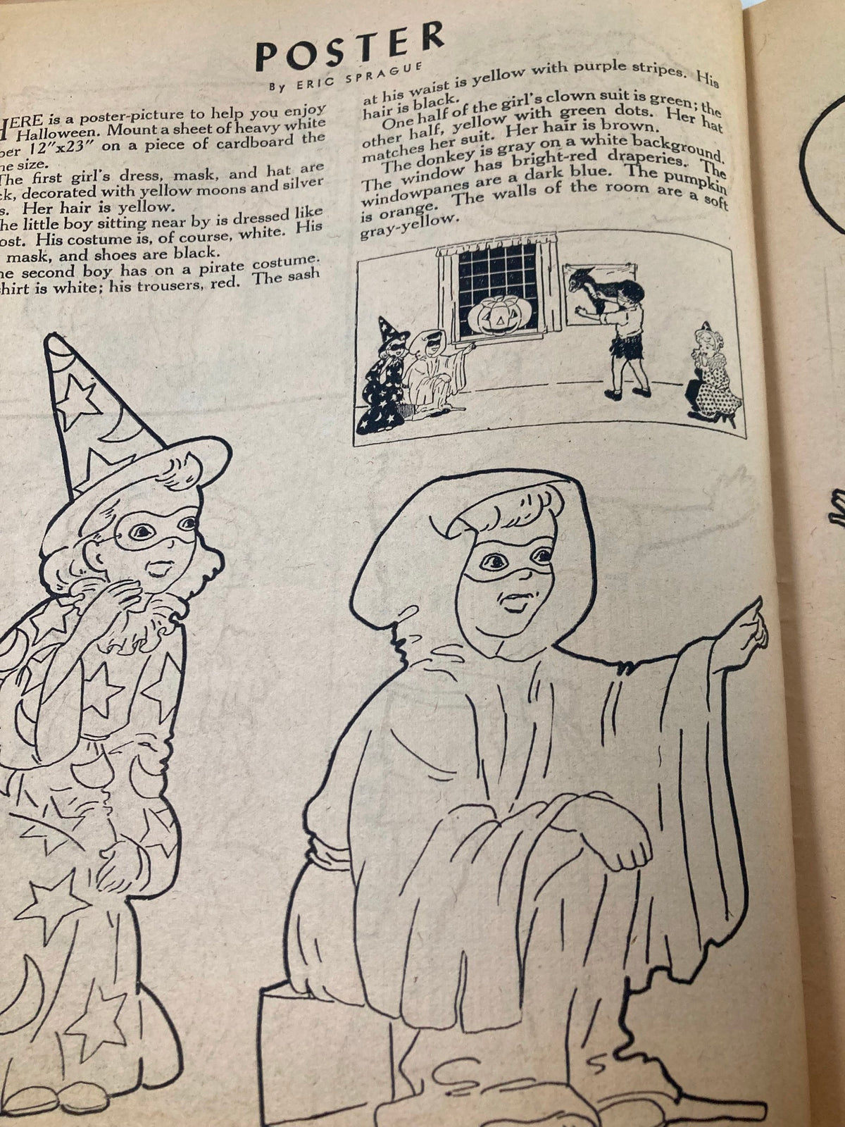 Poster illustration in VTG Children's Activities Magazine October 1959 showcasing Halloween costumes, including a girl in a star-patterned clown suit and a pirate.
