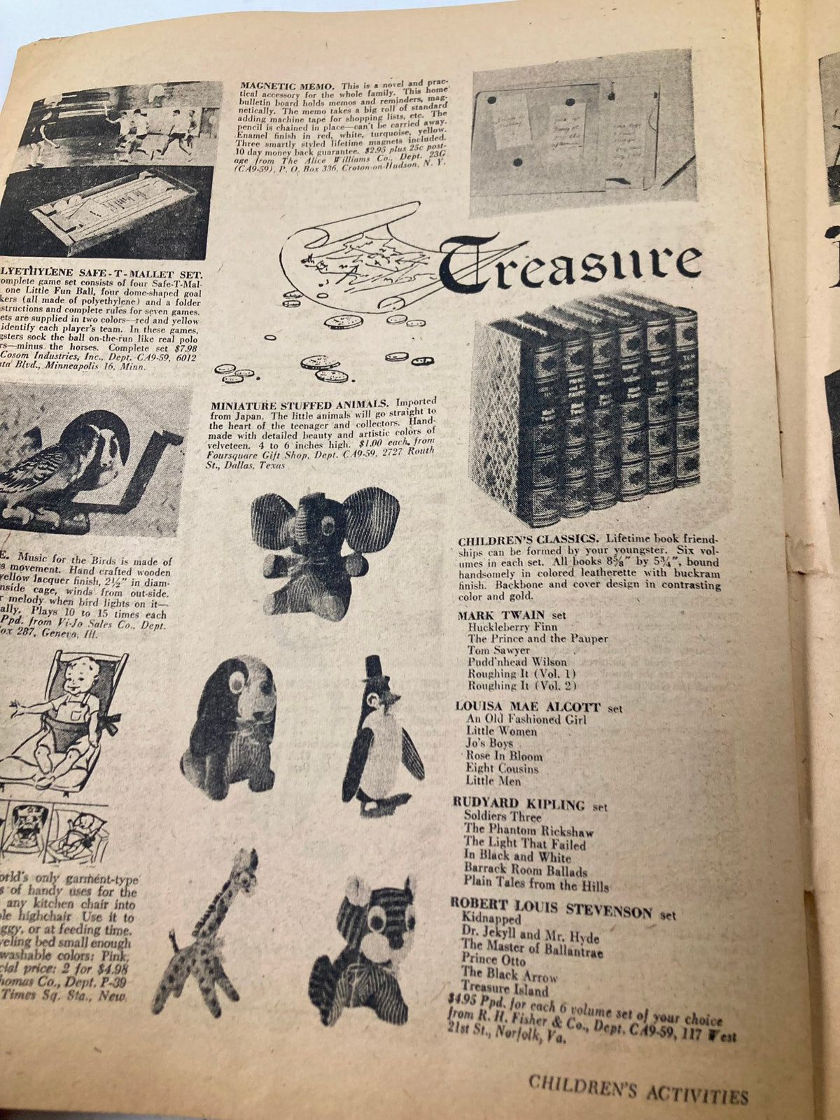 Advertisement page from VTG Children's Activities Magazine October 1959 displaying children's toys and books, showcasing a mini animal collection and classic literature.