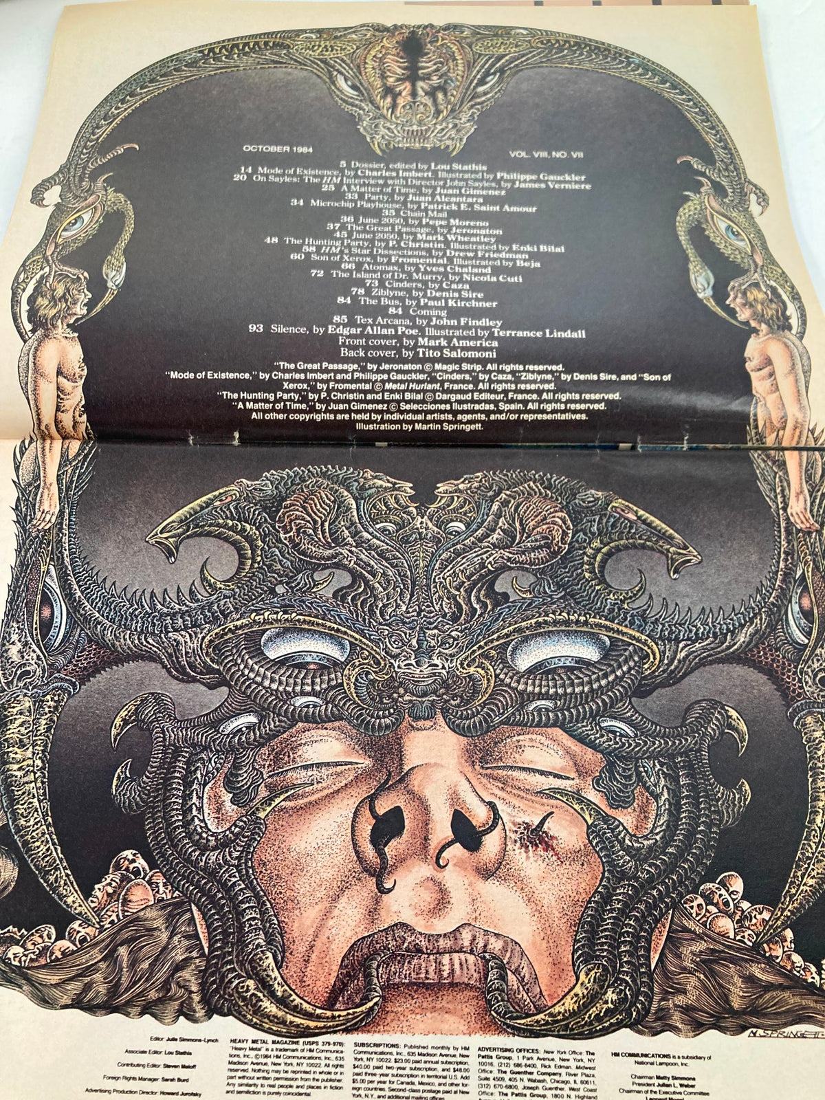 Interior page of VTG Heavy Metal Magazine October 1984 Vol 8 #7 showcasing the table of contents, featuring detailed illustrations and titles of articles from the issue.