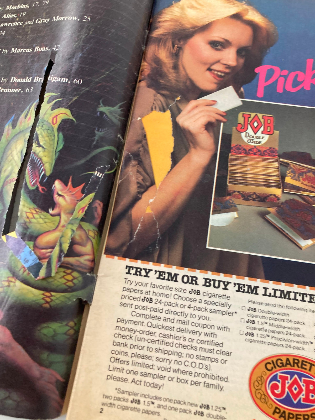 Advertisement page from the VTG Heavy Metal Magazine September 1979 issue 'The Spirit of the Game' showcasing JOB cigarette papers, with art elements from the magazine's contents.
