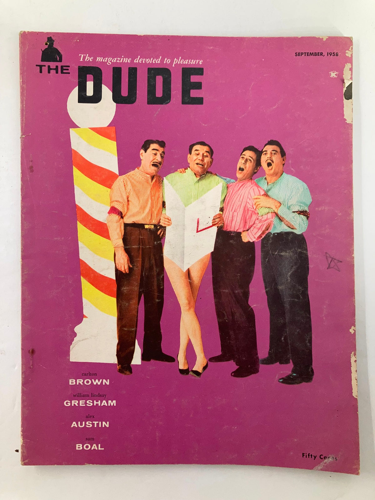 VTG The Dude Magazine September 1958 featuring a colorful cover with four men in striped shirts and a woman, title prominently displayed in bold letters.