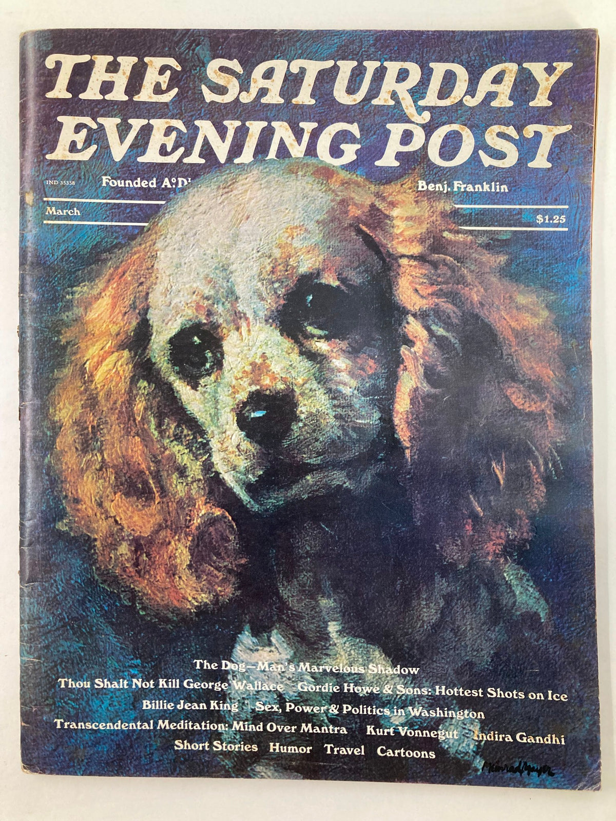 Cover of The Saturday Evening Post, March 1975, Vol 248 #11, featuring the artwork titled 'The Dog Man's Marvelous Shadow', highlighting a charming dog illustration along with headlines of various articles from the era.