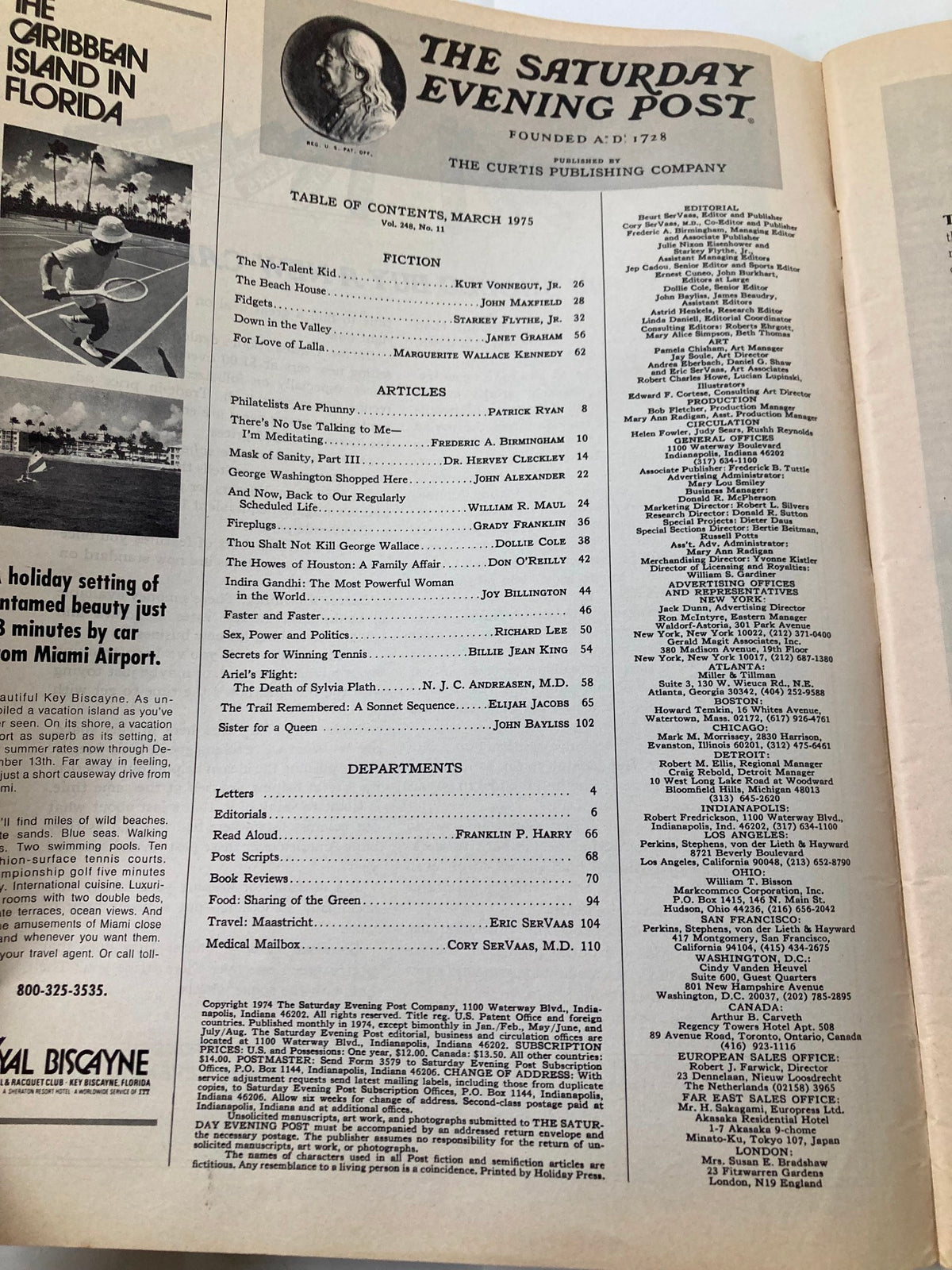 Table of contents from The Saturday Evening Post March 1975, featuring articles, including 'The Dog Man's Marvelous Shadow' and other significant topics from this era.