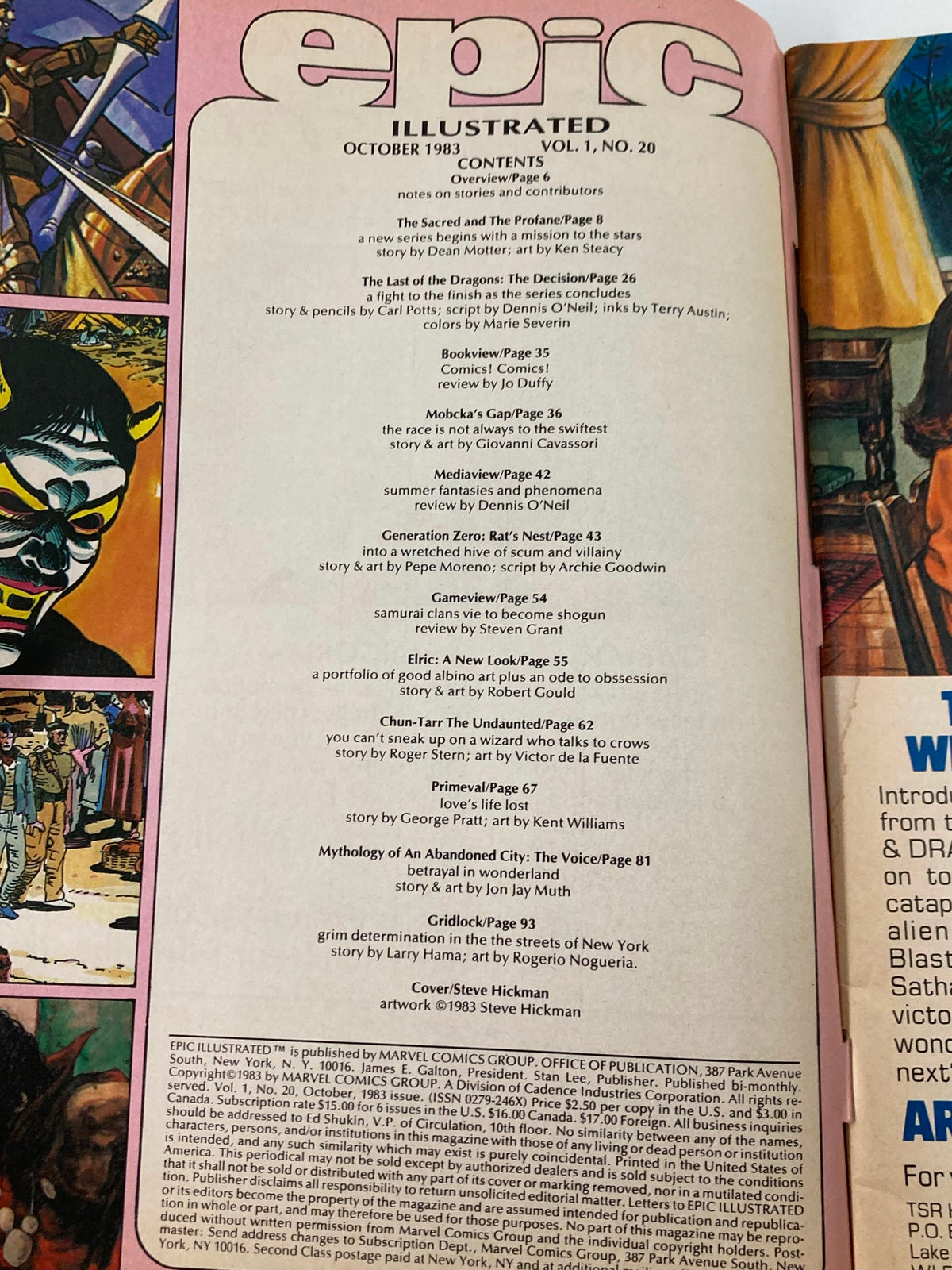 Table of contents from Epic Illustrated magazine, October 1983: Last of the Dragons, showcasing featured stories and artists.
