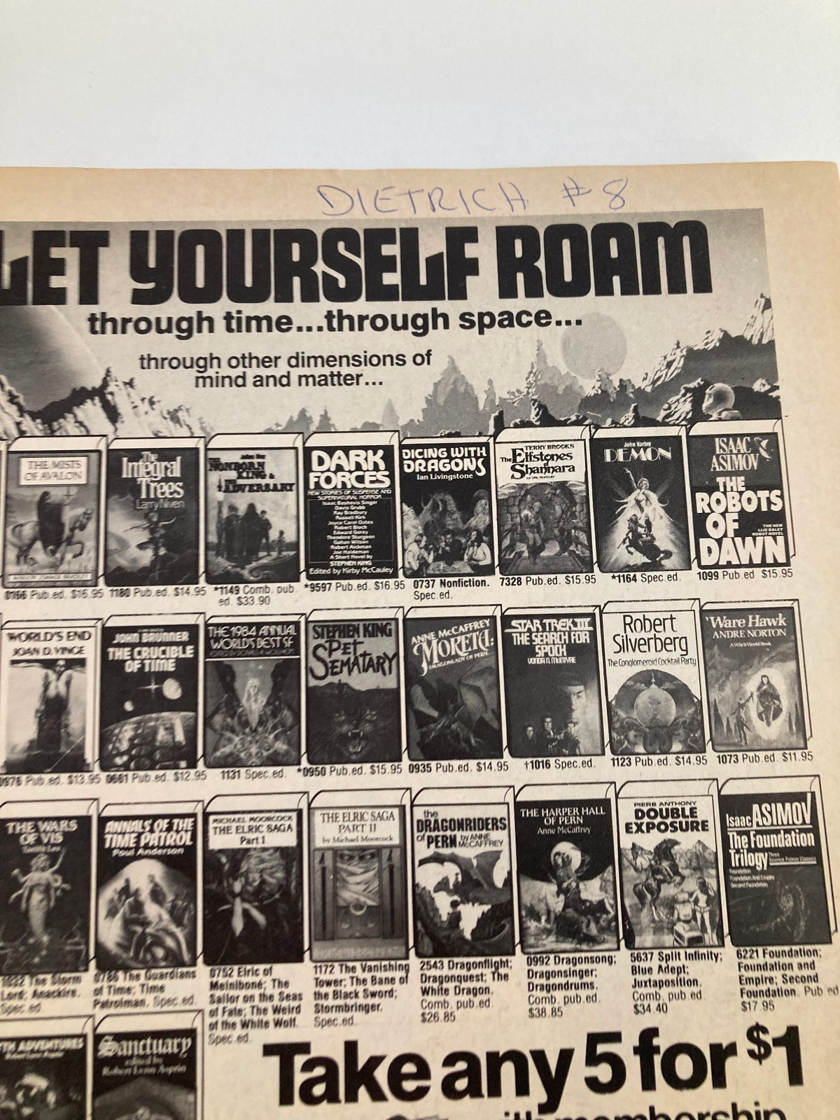Vintage advertisement page from Epic Illustrated Magazine December 1984, showcasing various science fiction and fantasy books, including 'Let Yourself Roam' promoting imaginative exploration. This page is a part of the VTG Epic Illustrated Magazine featuring 'The Last Galactus Story'.