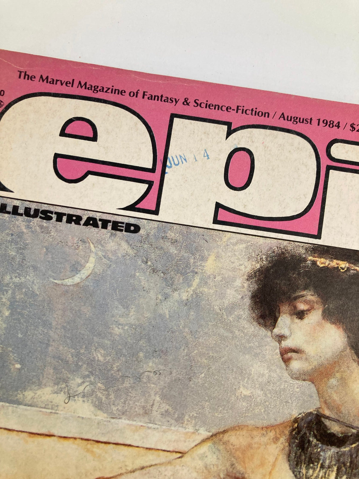 Close-up detail of the cover of Epic Illustrated Magazine, August 1984, highlighting the magazine's title and artistic elements from the issue featuring 'Apocrypha.'