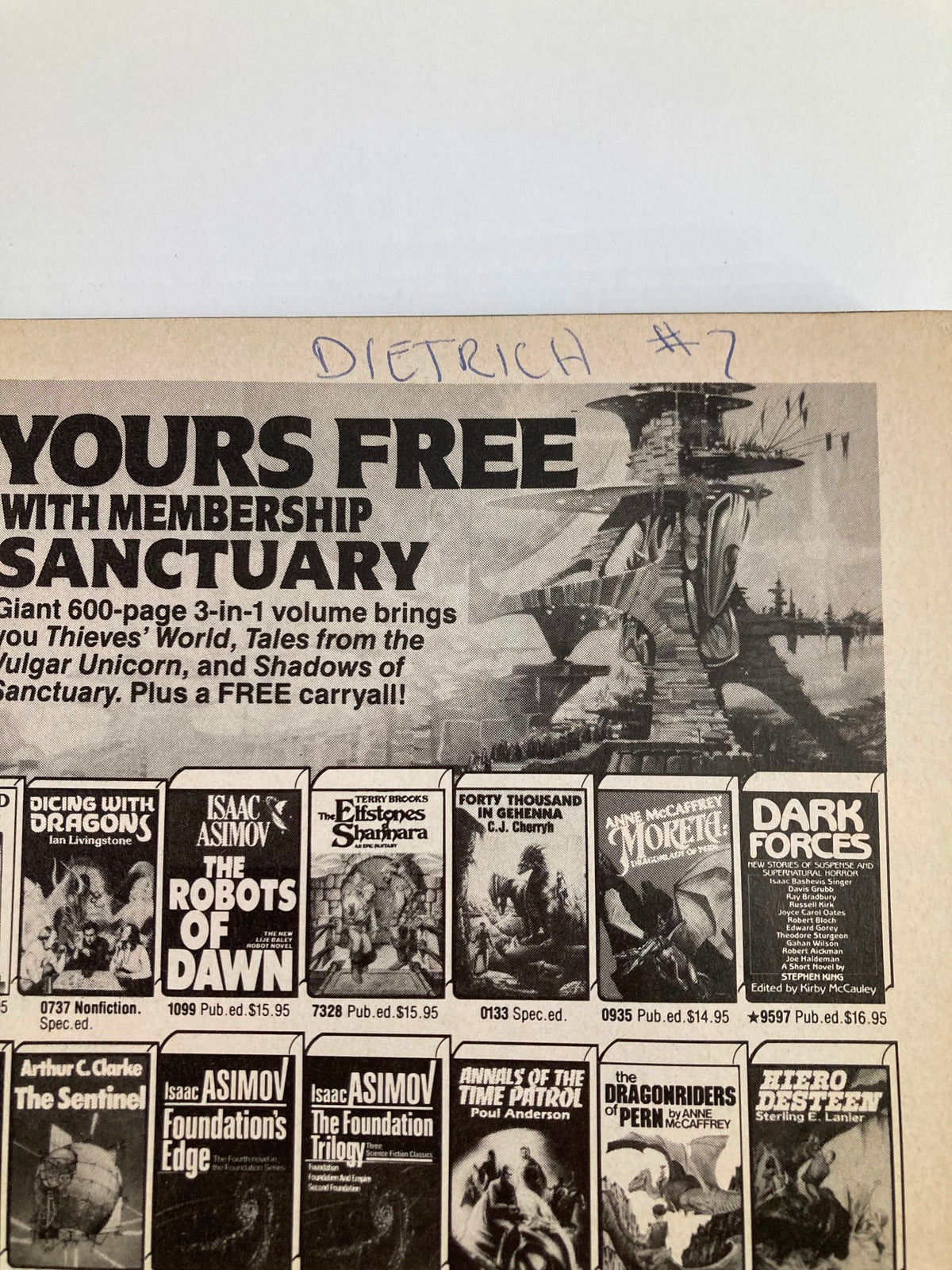 Cover page of Epic Illustrated Magazine August 1984, featuring a promotional section with various book titles and a handwritten note saying 'DIETRICH #2.' This vintage magazine is a valuable collectible for fans of illustrated narratives.