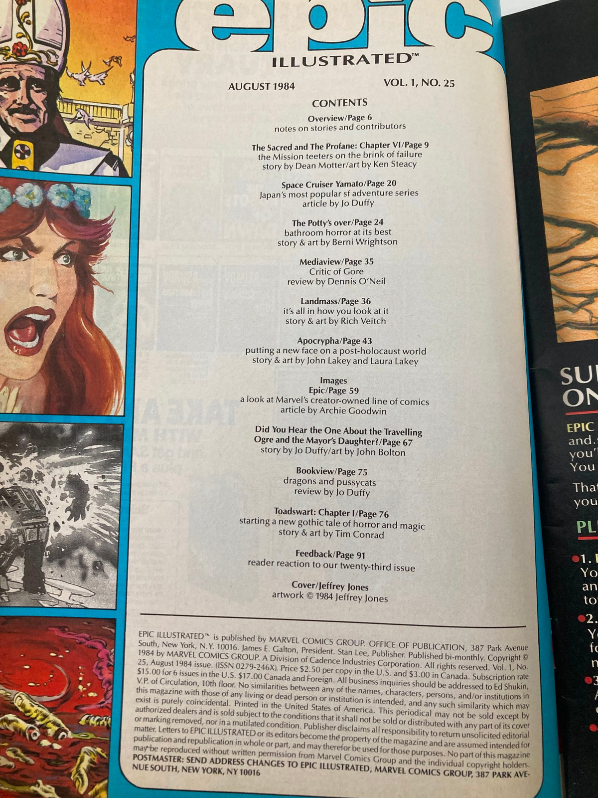 Contents page of Epic Illustrated Magazine August 1984 showcasing the information about various stories and contributors, including titles like 'Apocrypha' and 'Space Cruiser Yamato.' Highlights the magazine's commitment to illustrated narratives and the cultural essence of its time.