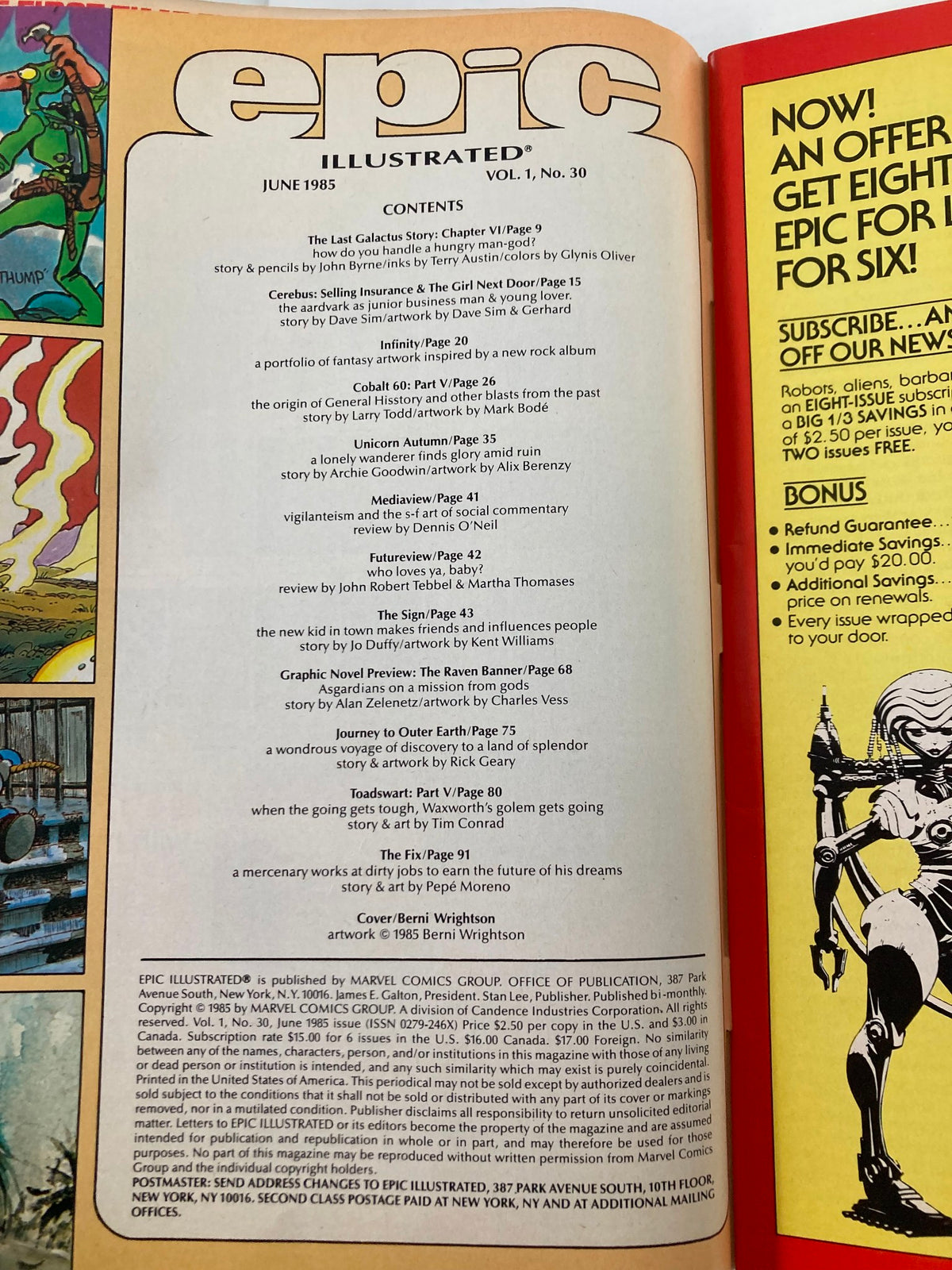 Table of contents from VTG Epic Illustrated Magazine, June 1985, listing articles including The Last Galactus Story, along with other featured works and contributors.