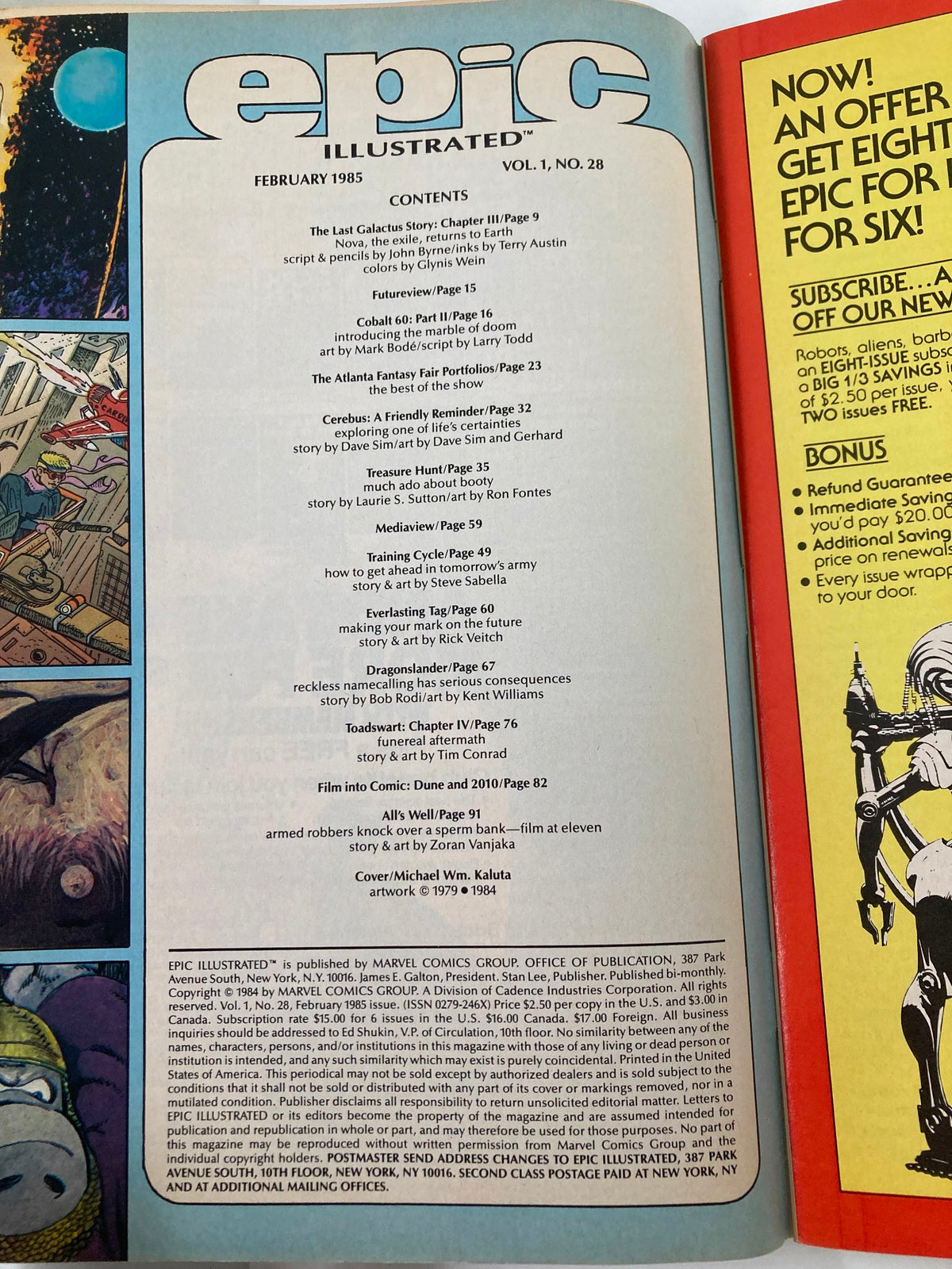 Inside contents page of VTG Epic Illustrated Magazine February 1985 Vol 1 #28, detailing featured stories including Dune and 2010, highlighting contributions from notable artists and writers.
