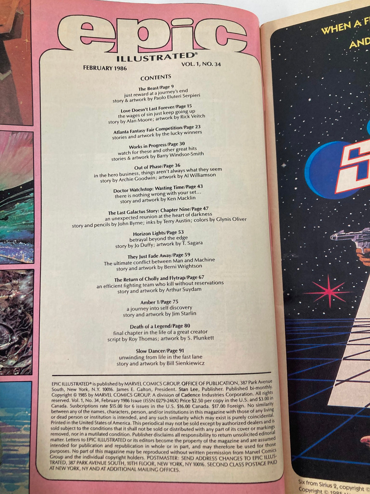 Interior page of VTG Epic Illustrated Magazine February 1986, featuring the table of contents with detailed list of stories and artists including 'Return of Cholly & Flytrap', reflecting the magazine's rich narrative and artistic contributions.