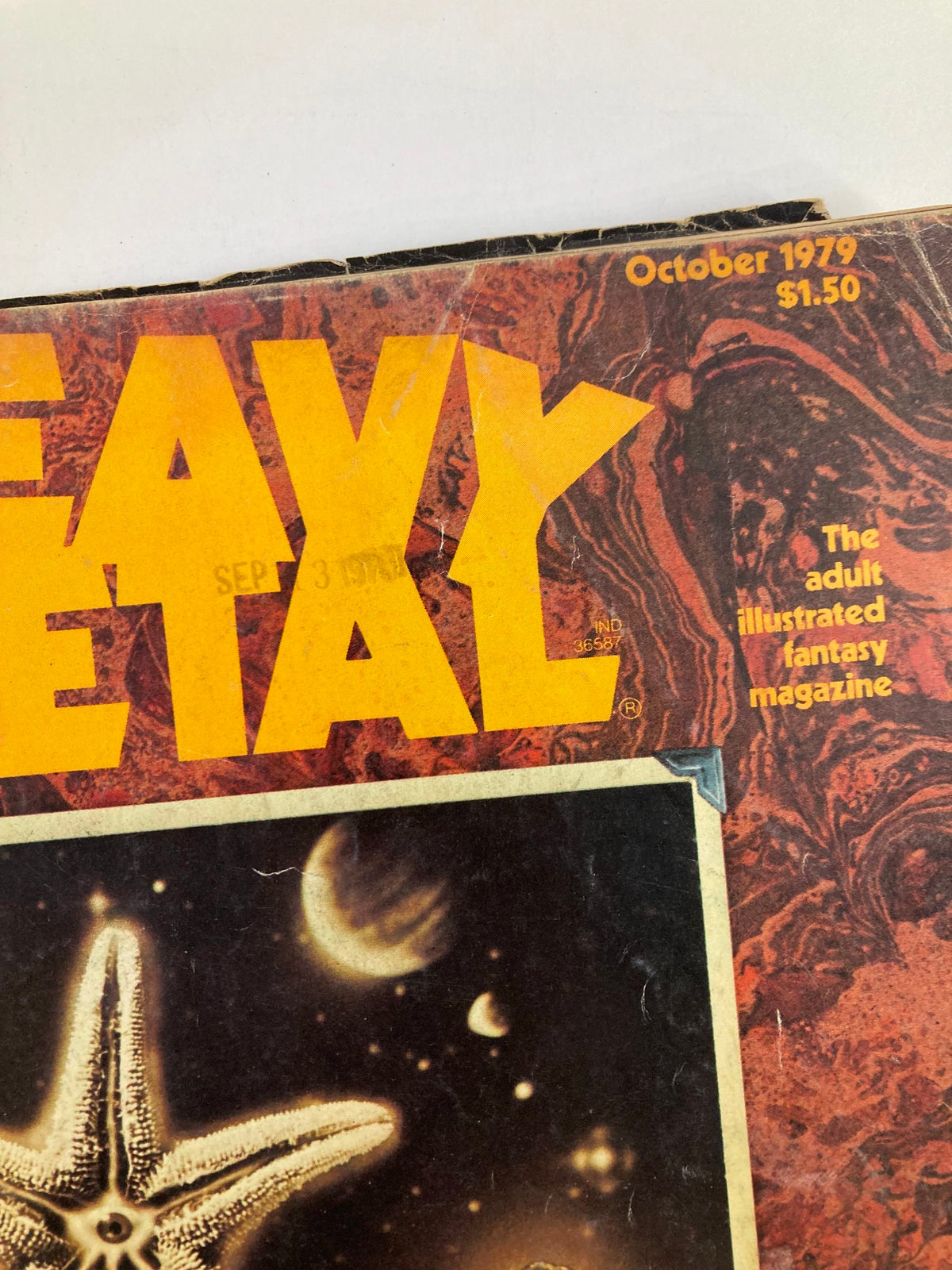 Cover of VTG Heavy Metal Magazine October 1979 featuring bold text and cosmic imagery, highlighting the artistic style of J.K. Potter.
