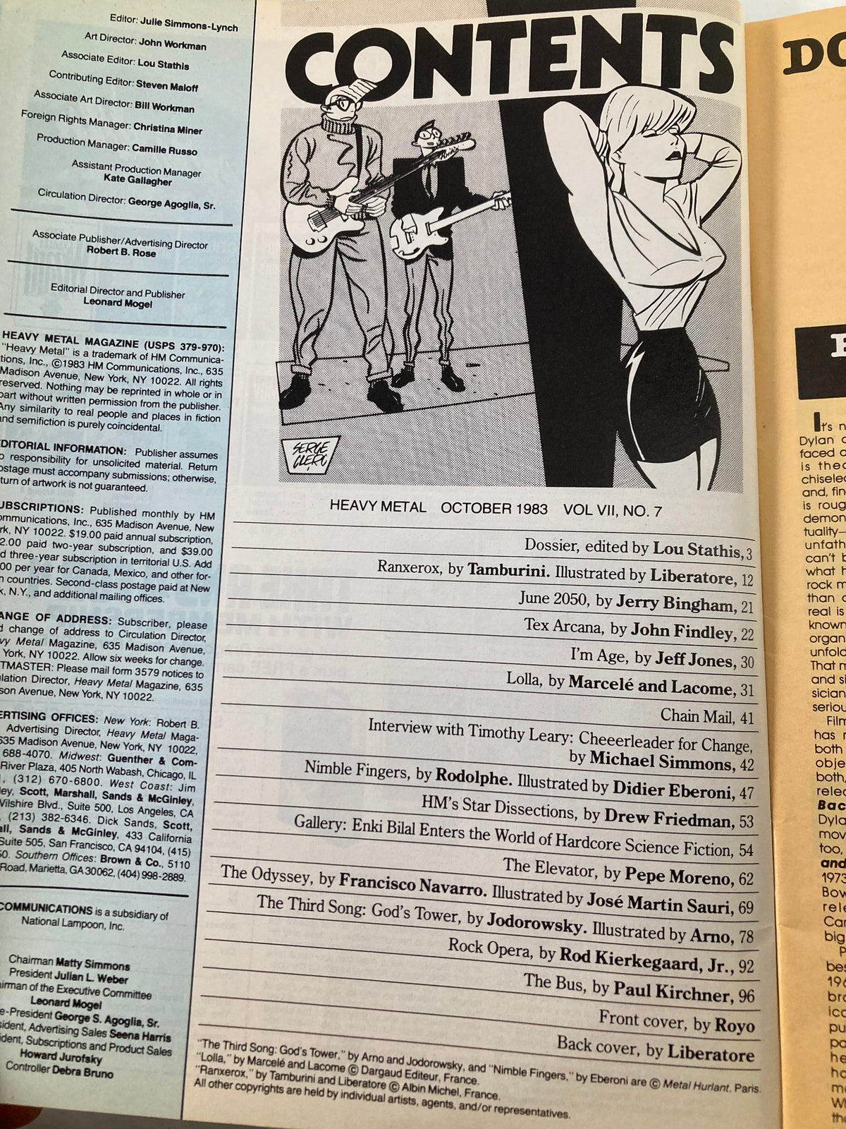 Table of contents from VTG Heavy Metal Magazine October 1983, detailing featured stories and articles including 'The Third Song: God's Tower'.