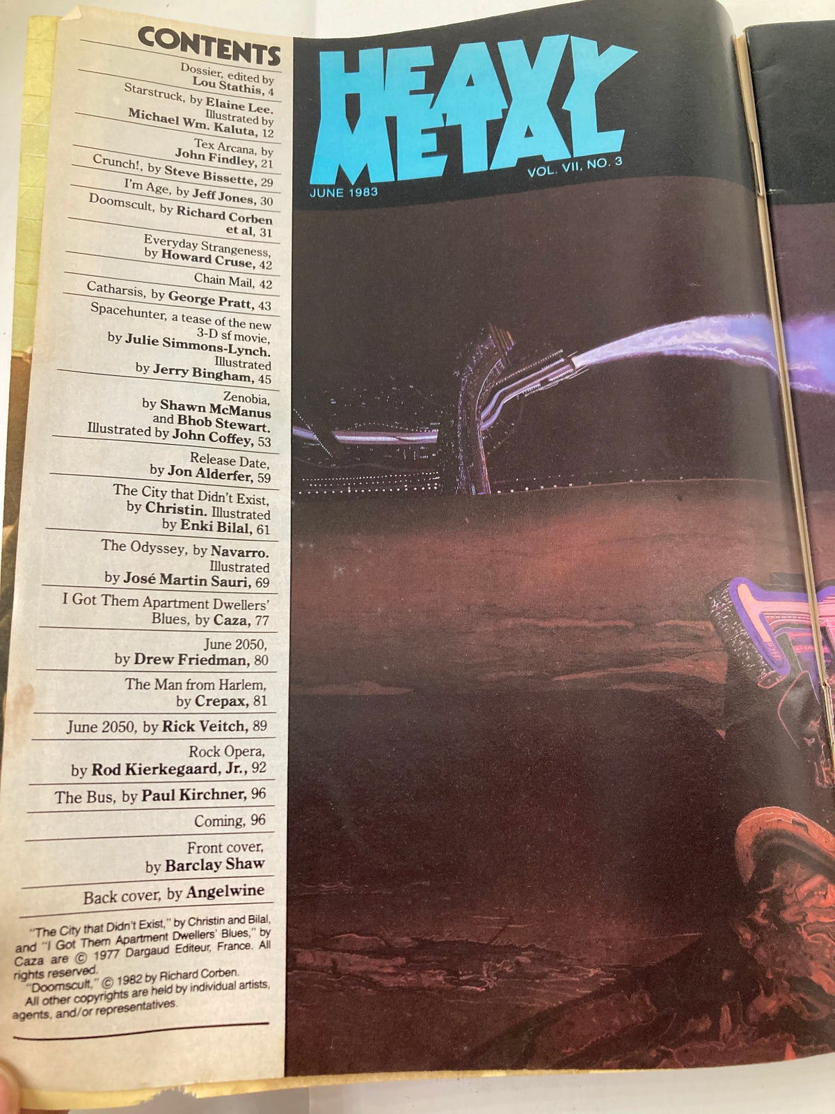 Contents page of VTG Heavy Metal Magazine June 1983 Vol 7 #3 featuring article titles and contributions from various artists, including front cover art by Barclay Shaw, a collectible vintage magazine highlighting 1980s graphic art.